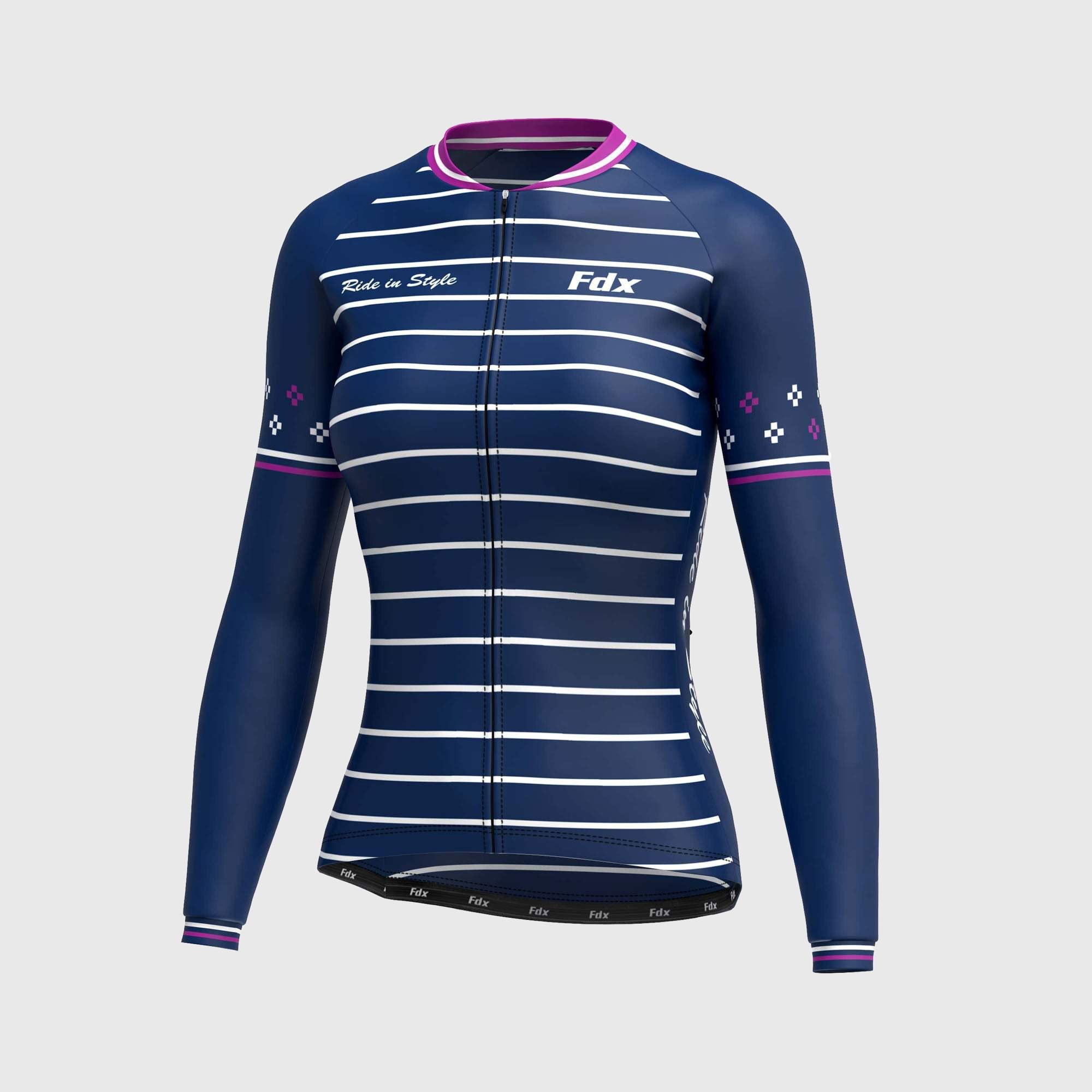 Fdx Women's Set Ripple Thermal Long Sleeve Cycling Jersey & Bib Tights - Navy Blue