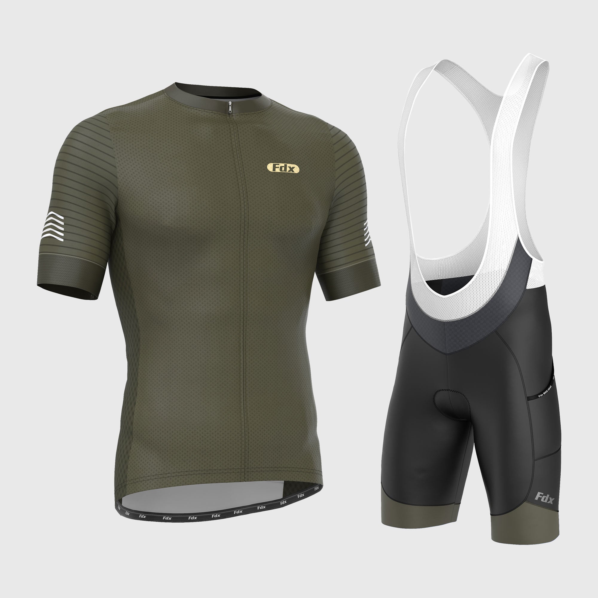 Fdx Men's Set Essential Green Short Sleeve Summer Cycling Jersey & Cargo Bib Shorts