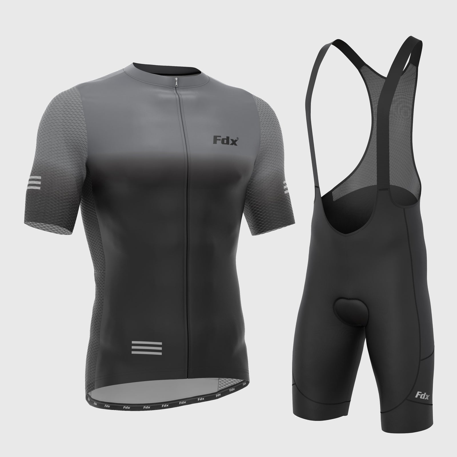 Fdx Men's Set Duo Grey / Black Short Sleeve Summer Cycling Jersey & Cargo Bib Shorts