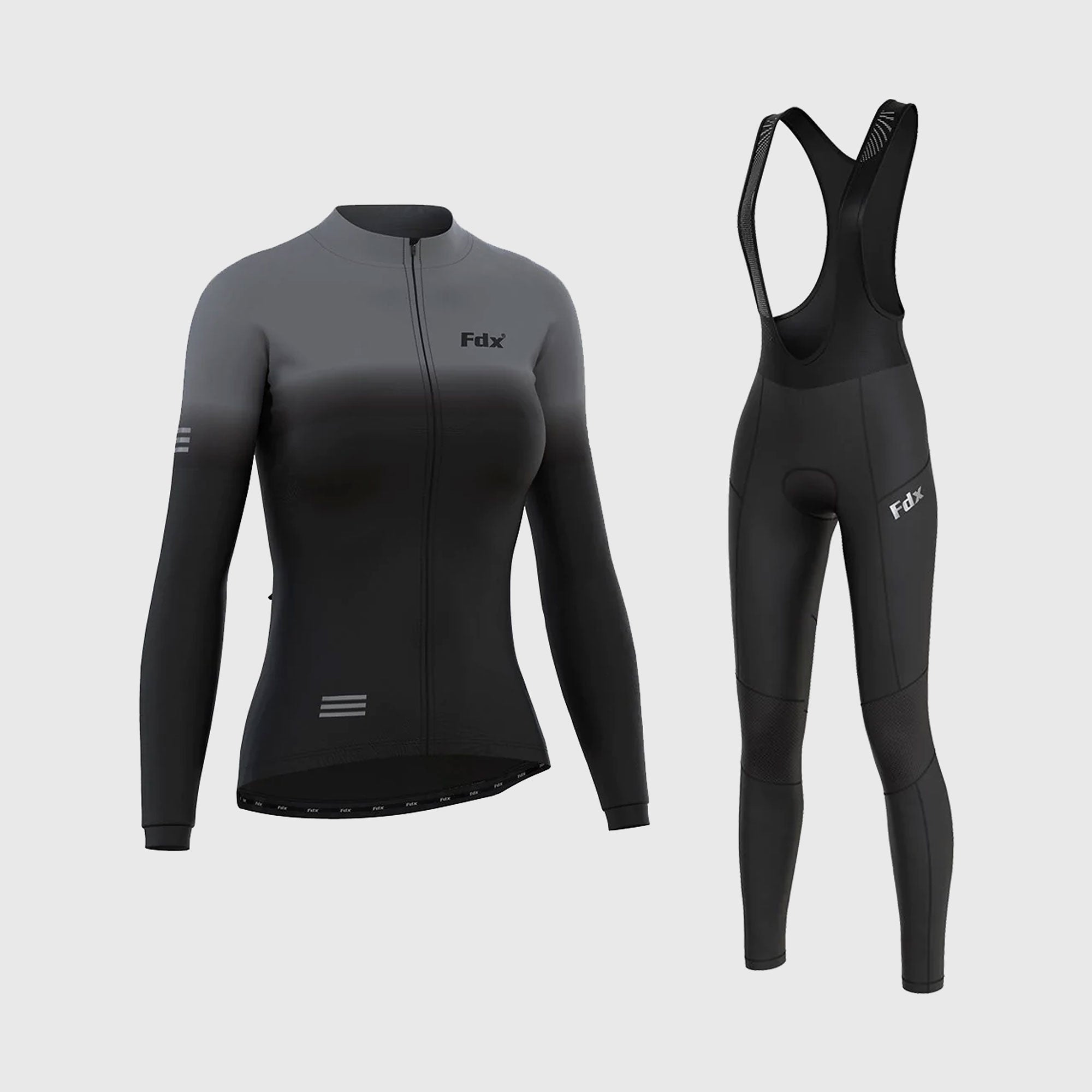 Fdx Women's Set Duo Thermal Long Sleeve Cycling Jersey & Bib Tights - Black / Grey