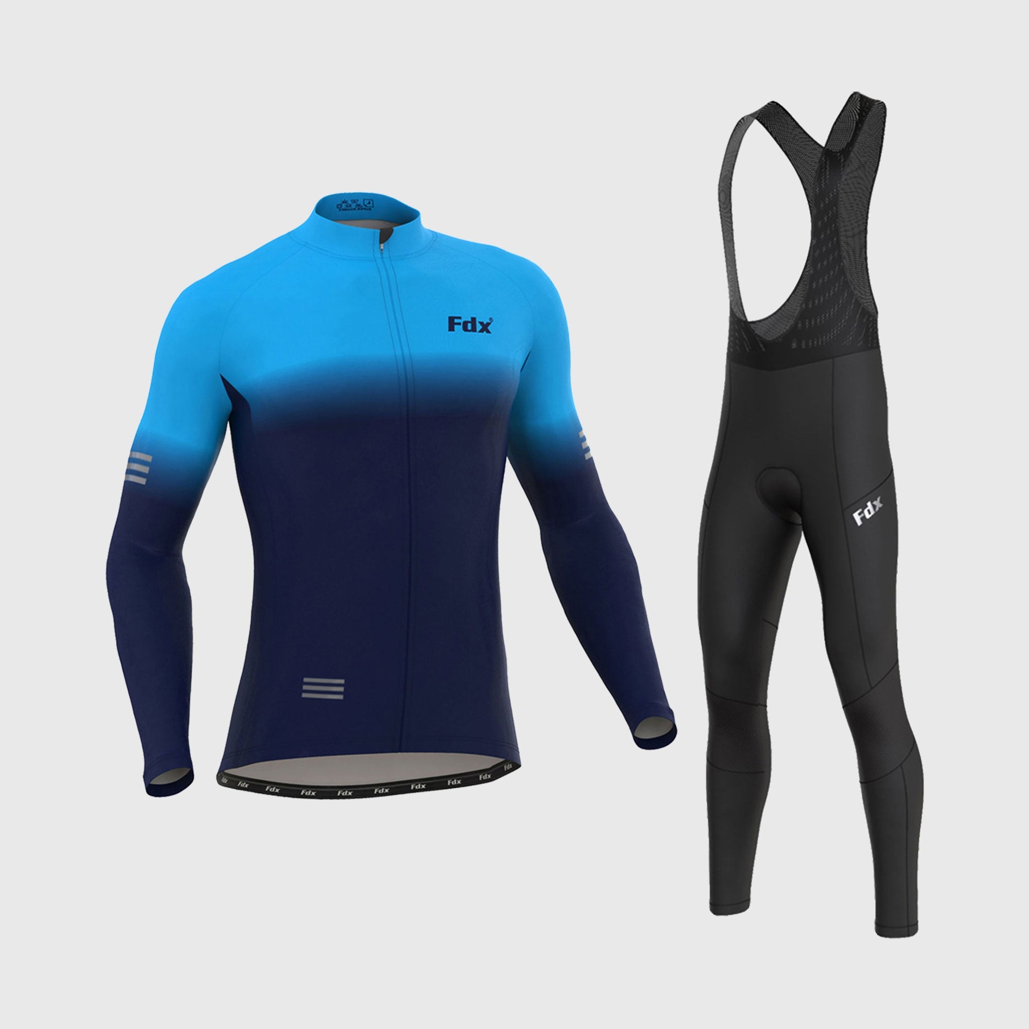 Fdx Men's Set Duo Thermal Roubaix Long Sleeve Cycling Jersey & Bib Tights - Blue / Navy Blue