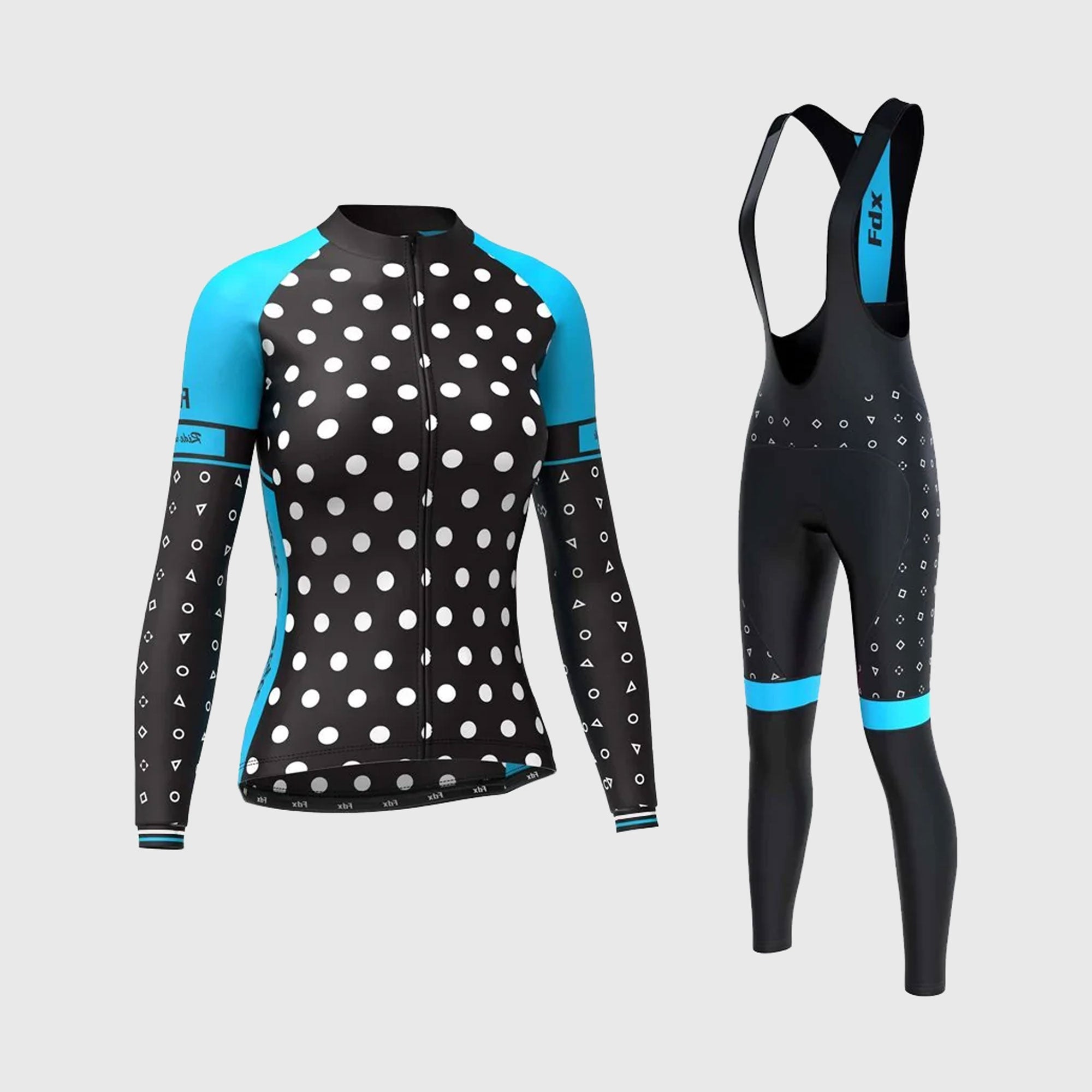 Fdx Women's Set Polka Dots Thermal Long Sleeve Cycling Jersey & Bib Tights - Blue