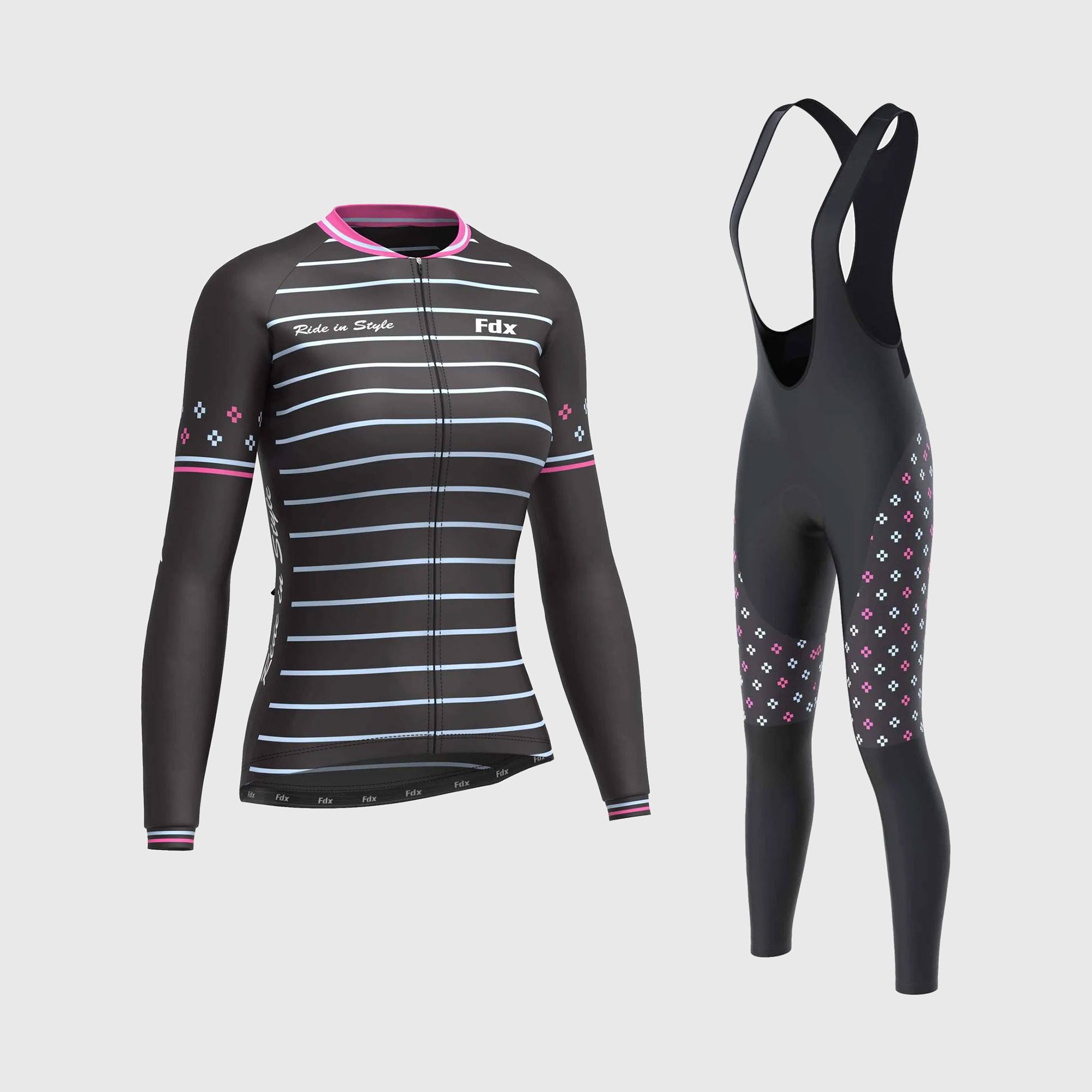 Fdx Women's Set Ripple Thermal Long Sleeve Cycling Jersey & Bib Tights - Pink