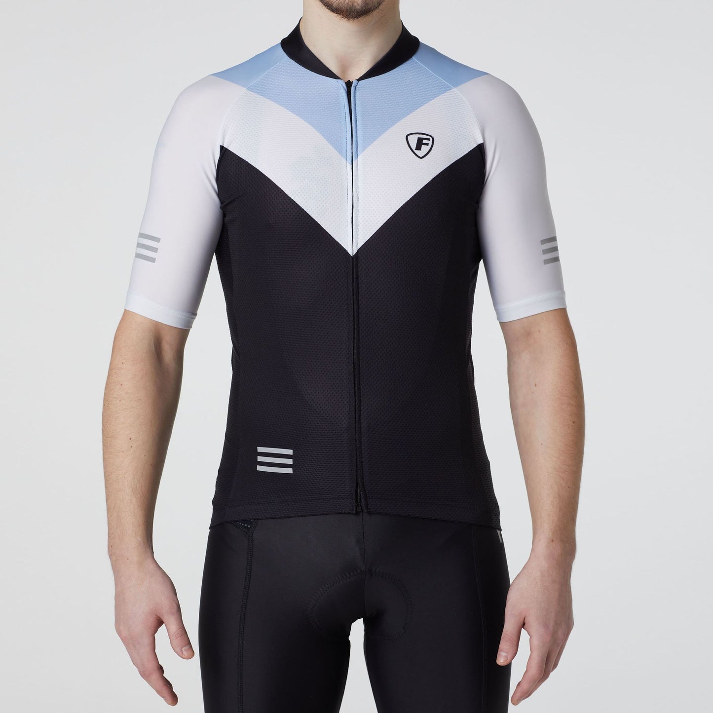 Fdx Blue White & Black Summer Short Sleeve Cycling Jersey Mesh Full Zipper Comfortable Skin Tight V Color High Visibility & Pockets - Velos