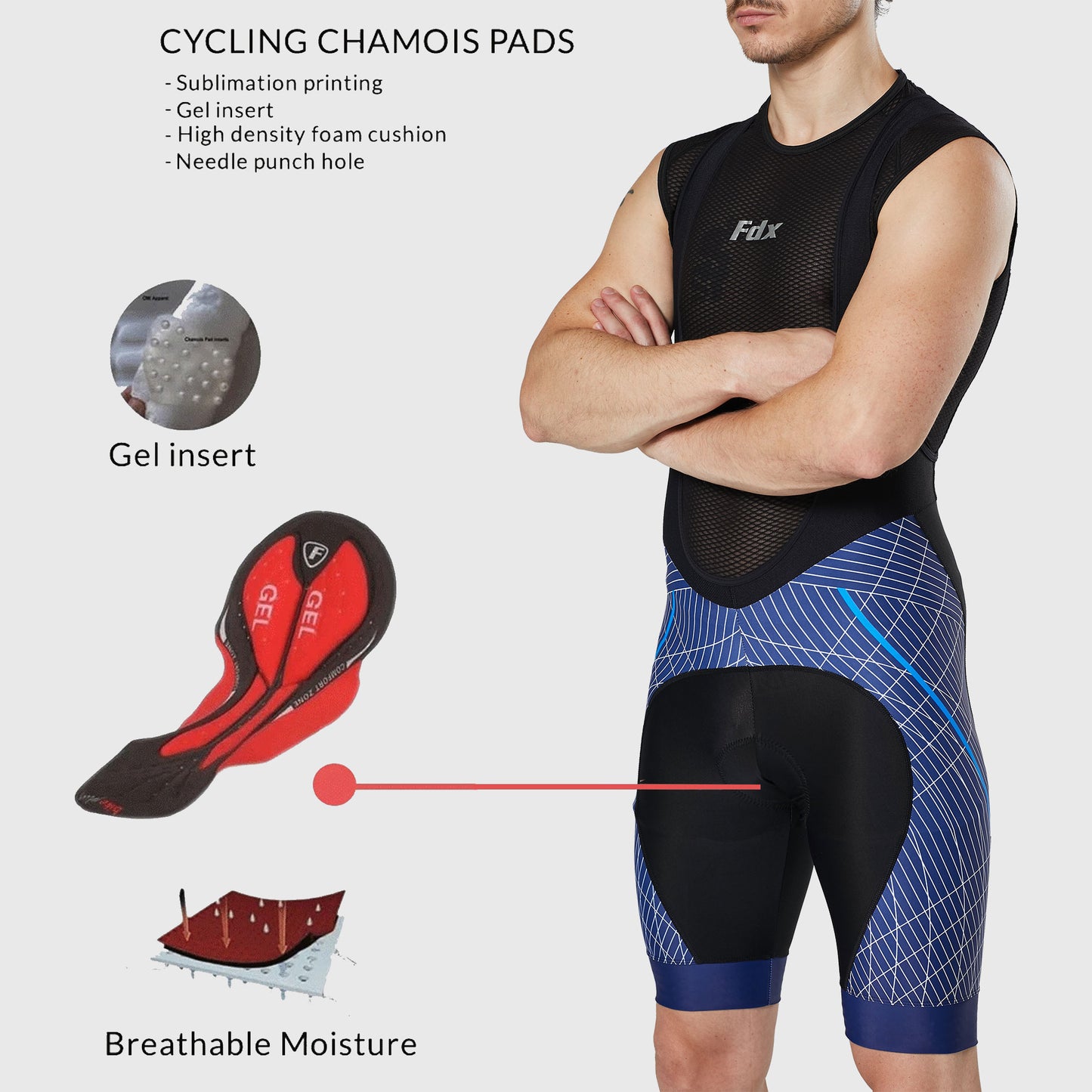 Fdx Classic II Blue Men's Padded Summer Cycling Bib Shorts