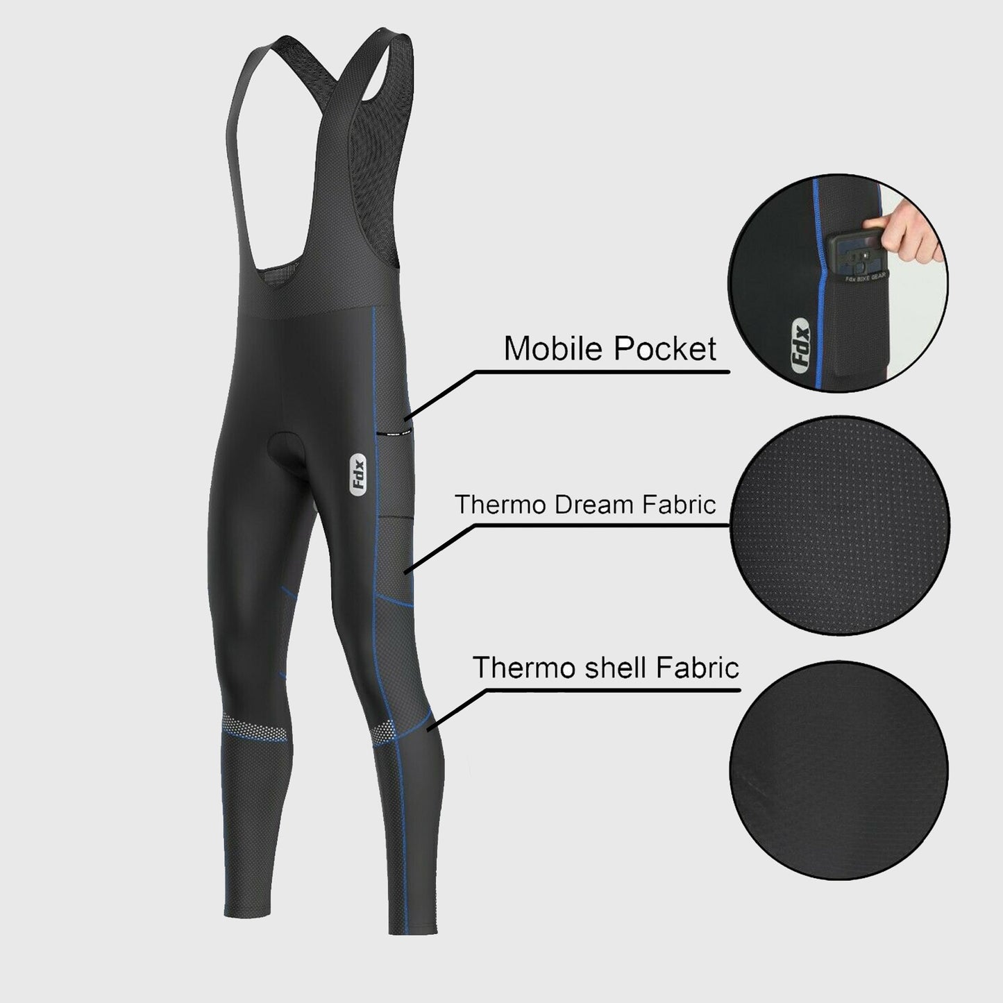 Fdx All Day Men's Blue Thermal Padded Cycling Bib Tights