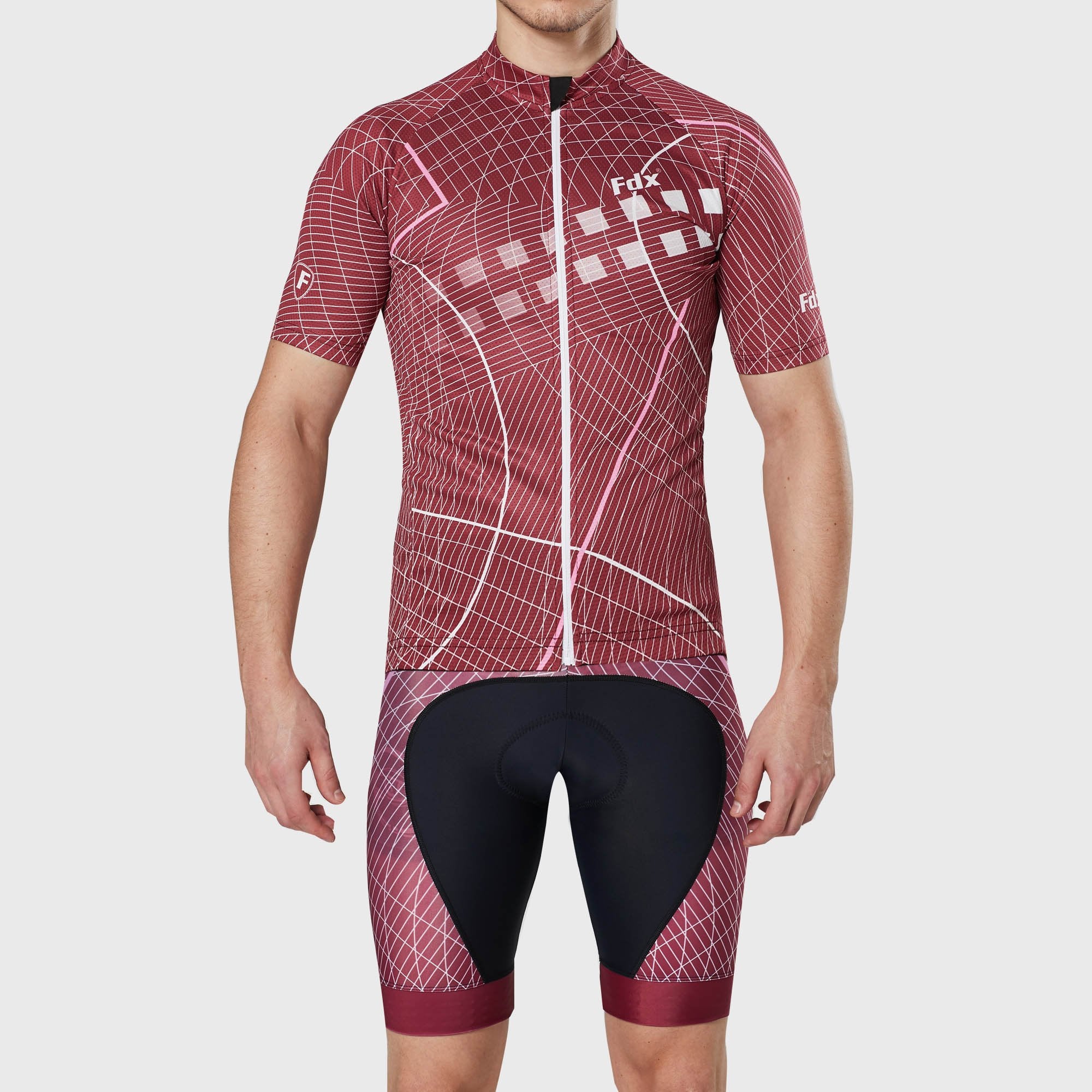 Fdx Red Short Sleeve Mens Cycling Jersey & Gel Padded Bib Shorts Best Summer Road Bike Wear Light Weight, Hi-viz Reflectors & Pockets - Classic II