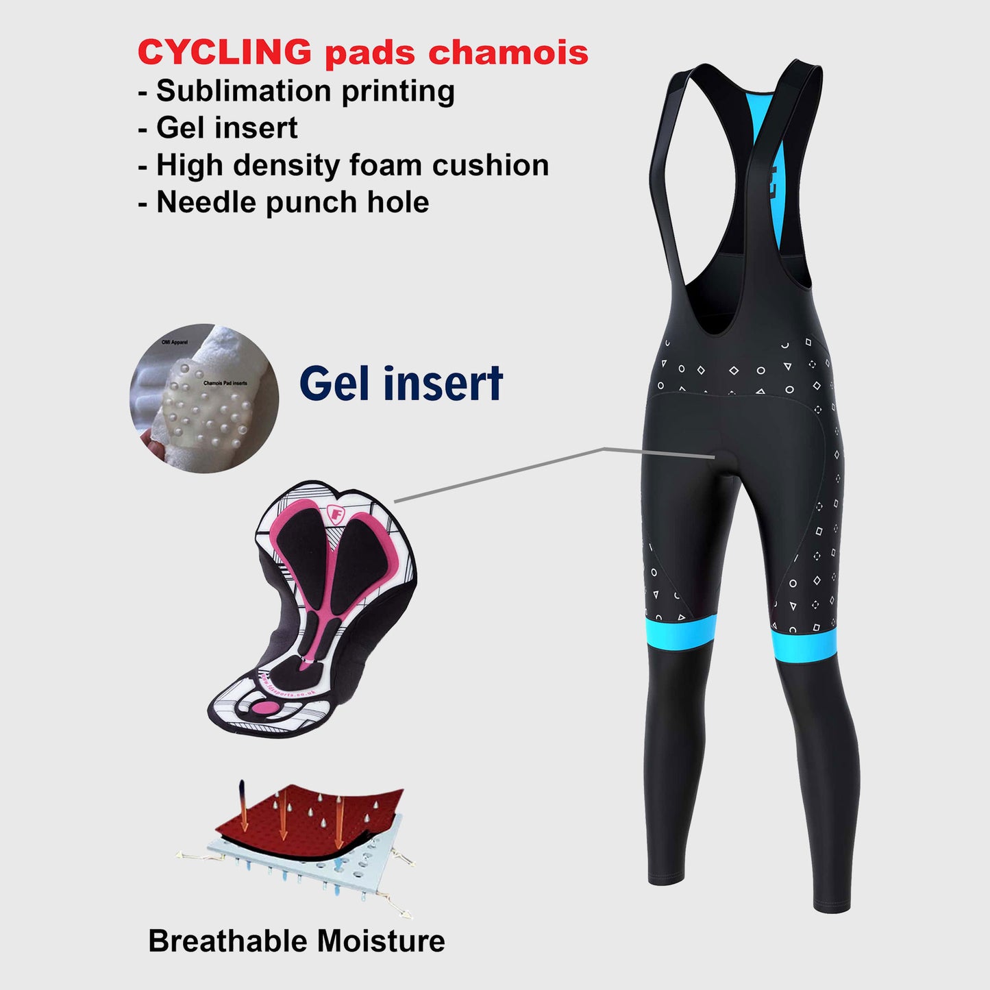 Fdx Polka Dots Sky Blue Women's Padded Winter Cycling Bib Tights