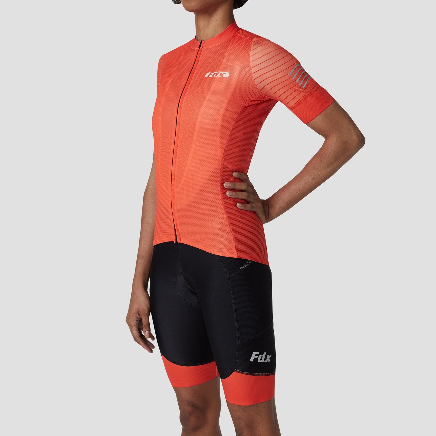 Fdx Women's Set Essential Orange Short Sleeve Cycling Jersey & Cargo Bib Shorts