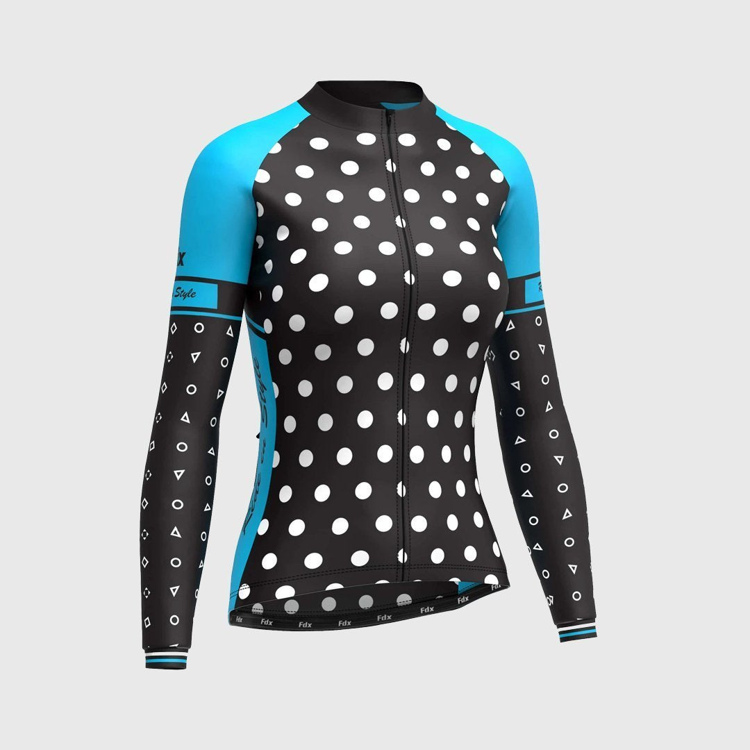 Fdx Women's Set Polka Dots Thermal Long Sleeve Cycling Jersey & Bib Tights - Blue