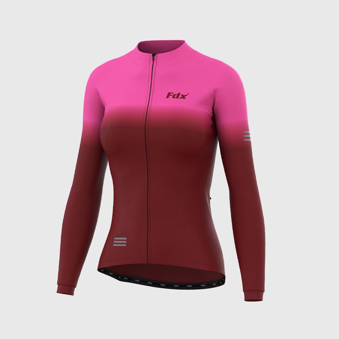 Fdx Women's Set Duo Thermal Long Sleeve Cycling Jersey & Bib Tights - Pink / Maroon