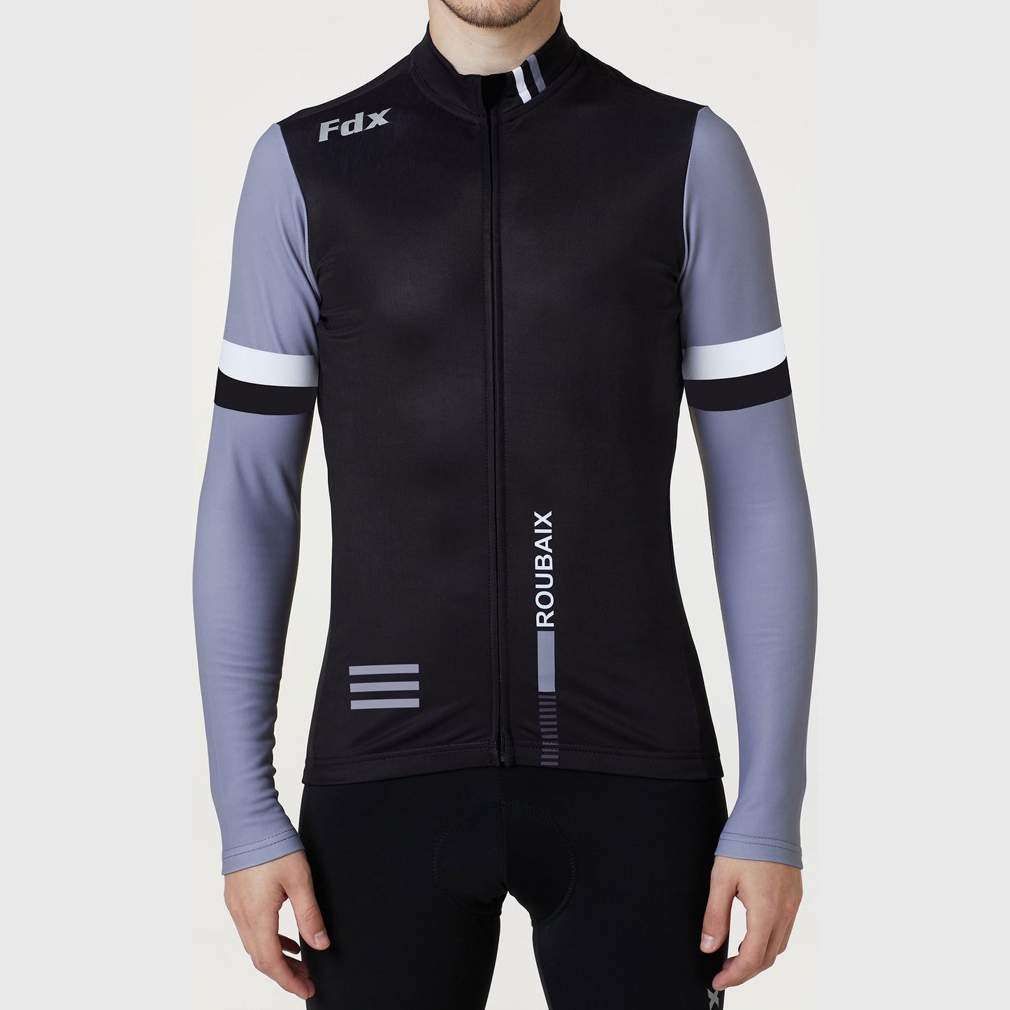 Fdx Men Black & Grey Long Sleeve Winter Cycling Jersey Windproof Full Lock Zip Hi-Viz Reflectors Back Pockets - Limited Edition US