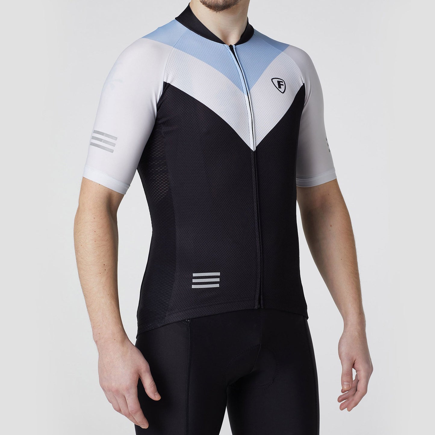 Fdx Men Blue White & Black Mesh Half Sleeve Summer Cycling Jersey Breathable Comfortable Full zip Skin Tight Hi-Visibility Strips & Pockets - Velos