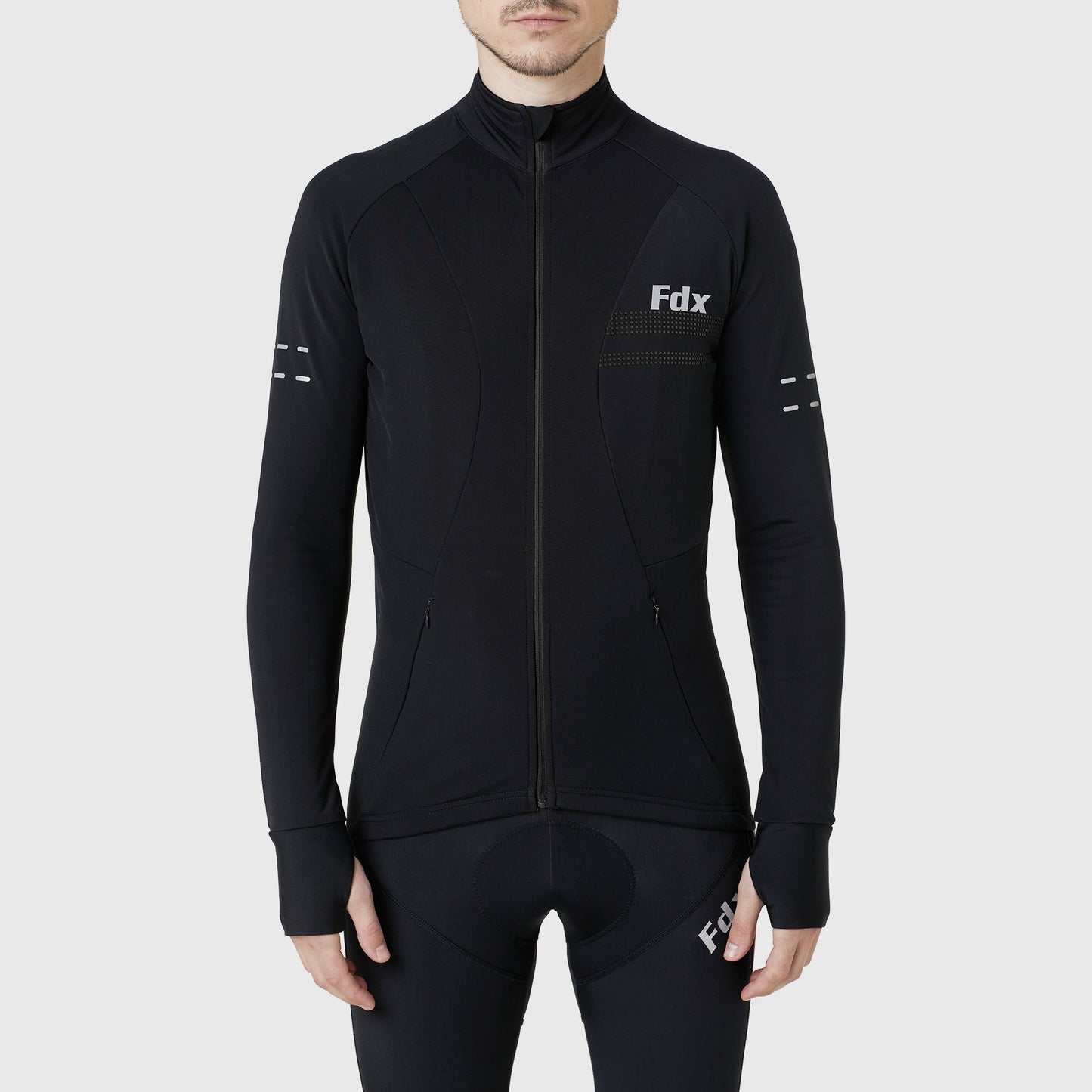 Fdx Men Black Long Sleeve Winter Cycling Jersey Windproof Full Zip lightweight Reflected Dots & Strips Front & Back Pockets - Arch US