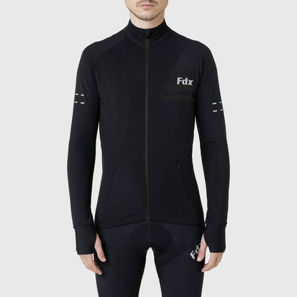 Fdx Men Black Long Sleeve Winter Cycling Jersey Windproof Full Zip lightweight Reflected Dots & Strips Front & Back Pockets - Arch US