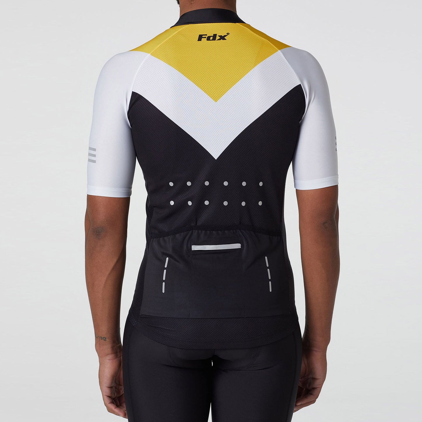 Fdx white Black & Yellow Men Short Sleeve Cycling Jersey High Visibility Compression Tight reflective dots Strips summer - Velos