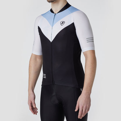 Fdx Men Blue White & Black Mesh Half Sleeve Summer Cycling Jersey Breathable Comfortable Full zip Skin Tight Hi-Visibility Strips & Pockets - Velos