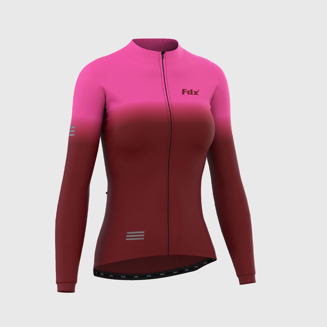 Fdx Women's Set Duo Thermal Long Sleeve Cycling Jersey & Bib Tights - Pink / Maroon