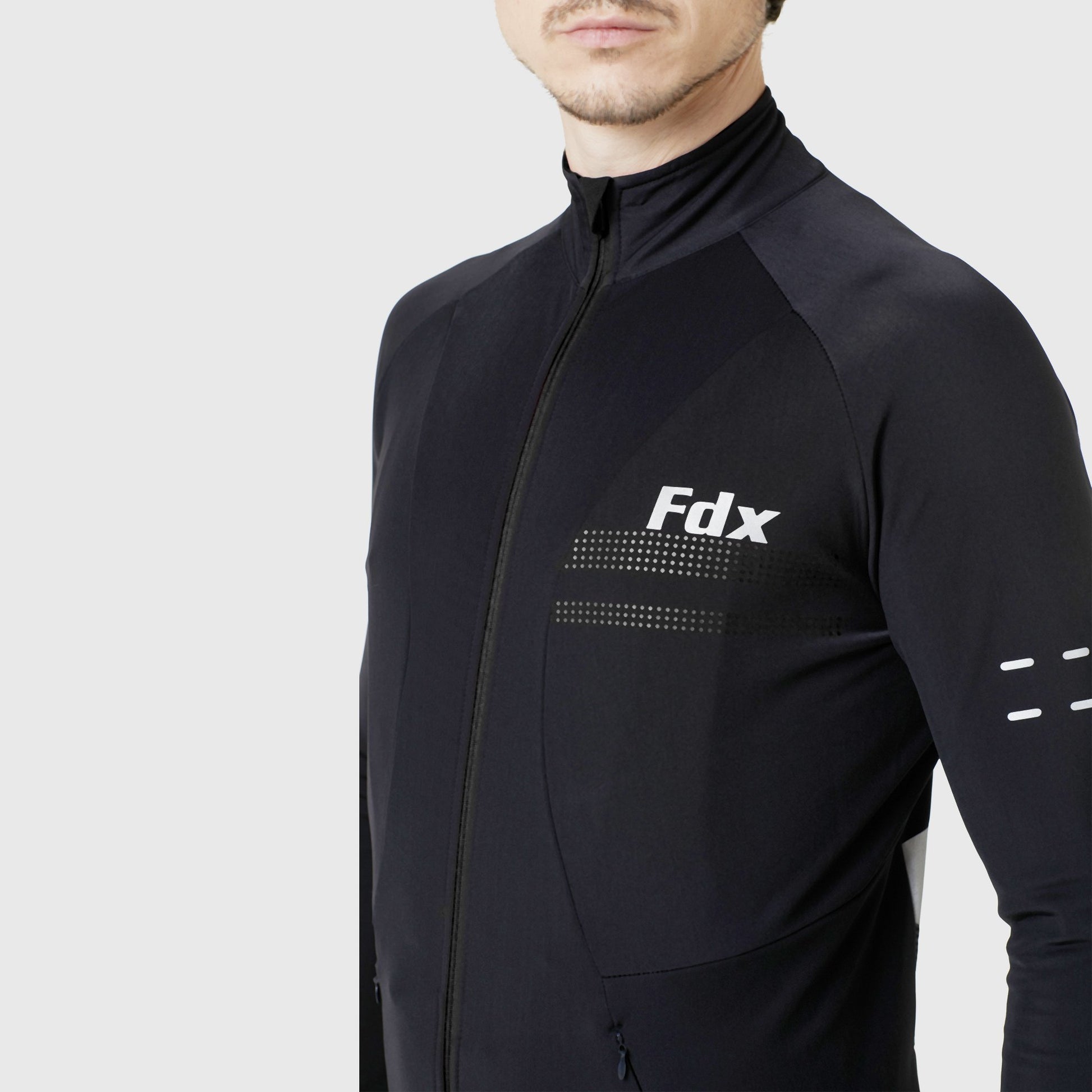 Fdx Black Men Long Sleeve Thermal Cycling Jersey Full Length Lock Zip Water Resistance Hi-viz Reflected Dots & Pockets Arch US