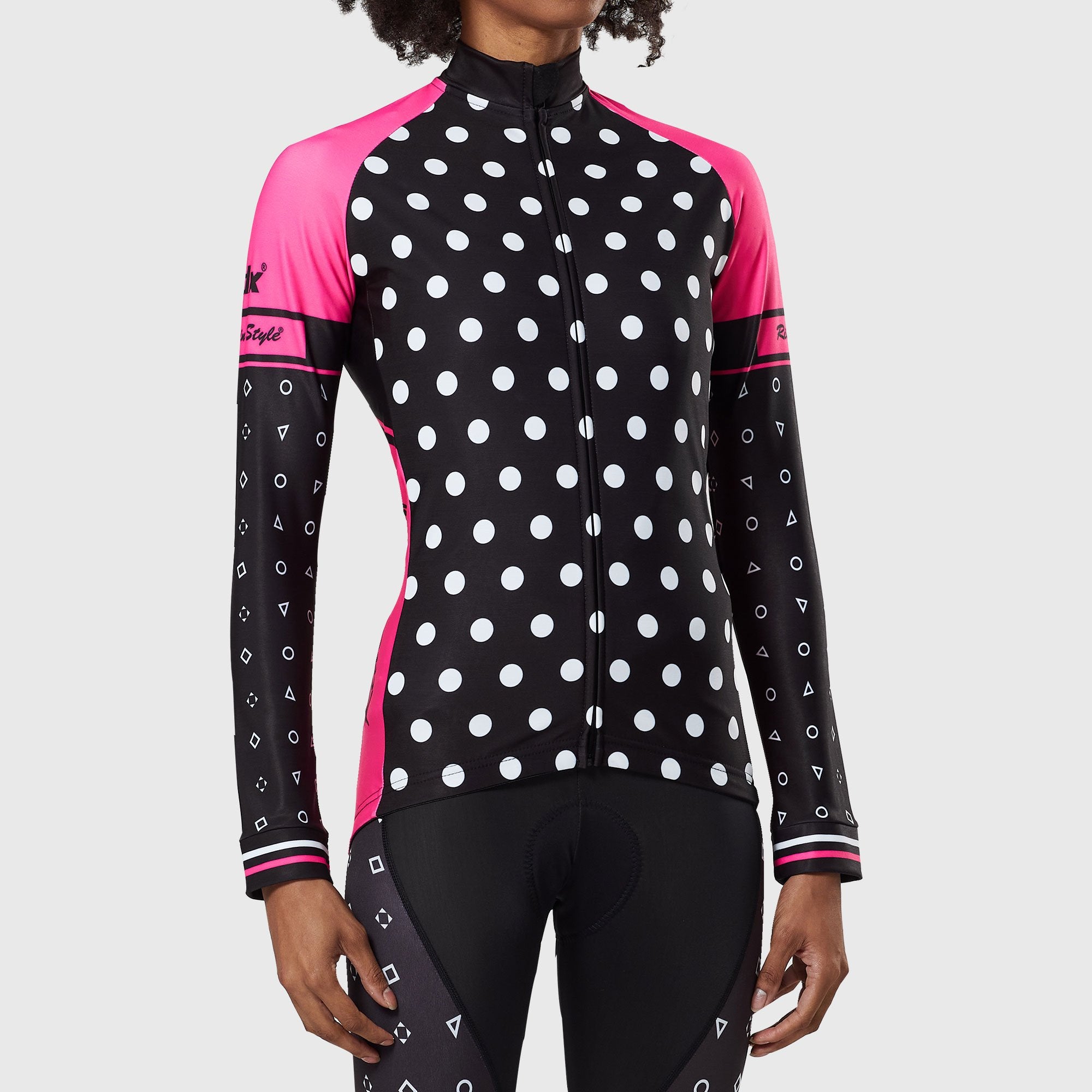 Fdx Polka Dots Women's Long Sleeve Winter Cycling Jersey Pink & Blue