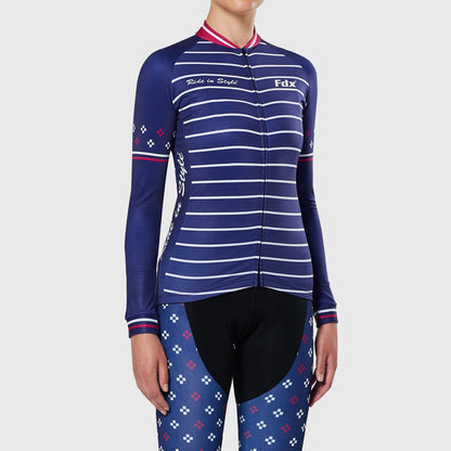 Fdx Ripple Navy Blue Women's Fleeced Lined Winter Cycling Jersey