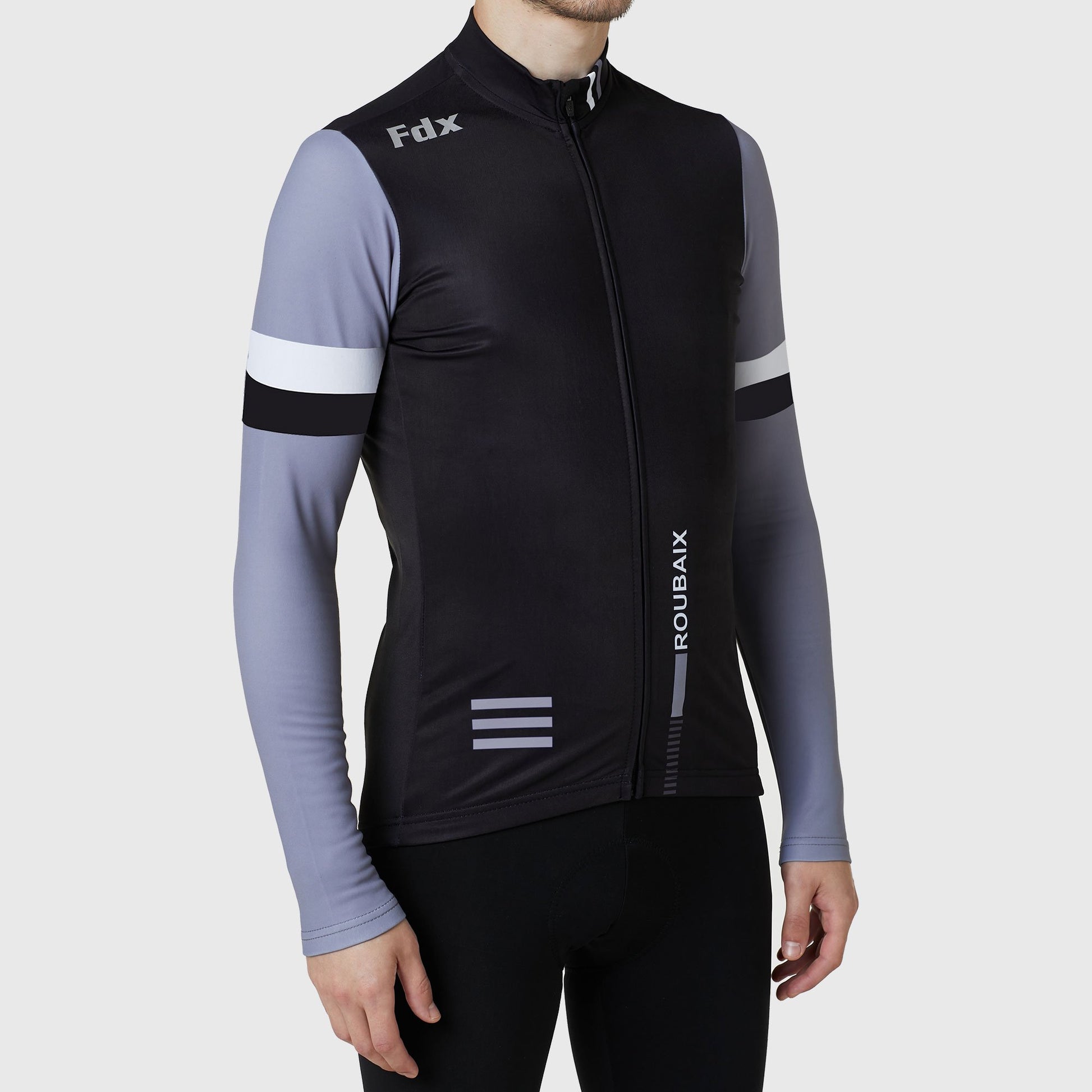 Fdx Men Grey & Black Full Sleeve Winter Cycling Jersey Lightweight Moist-Wicking Full Length Zip Reflecting Strips & Pockets - Limited Edition US