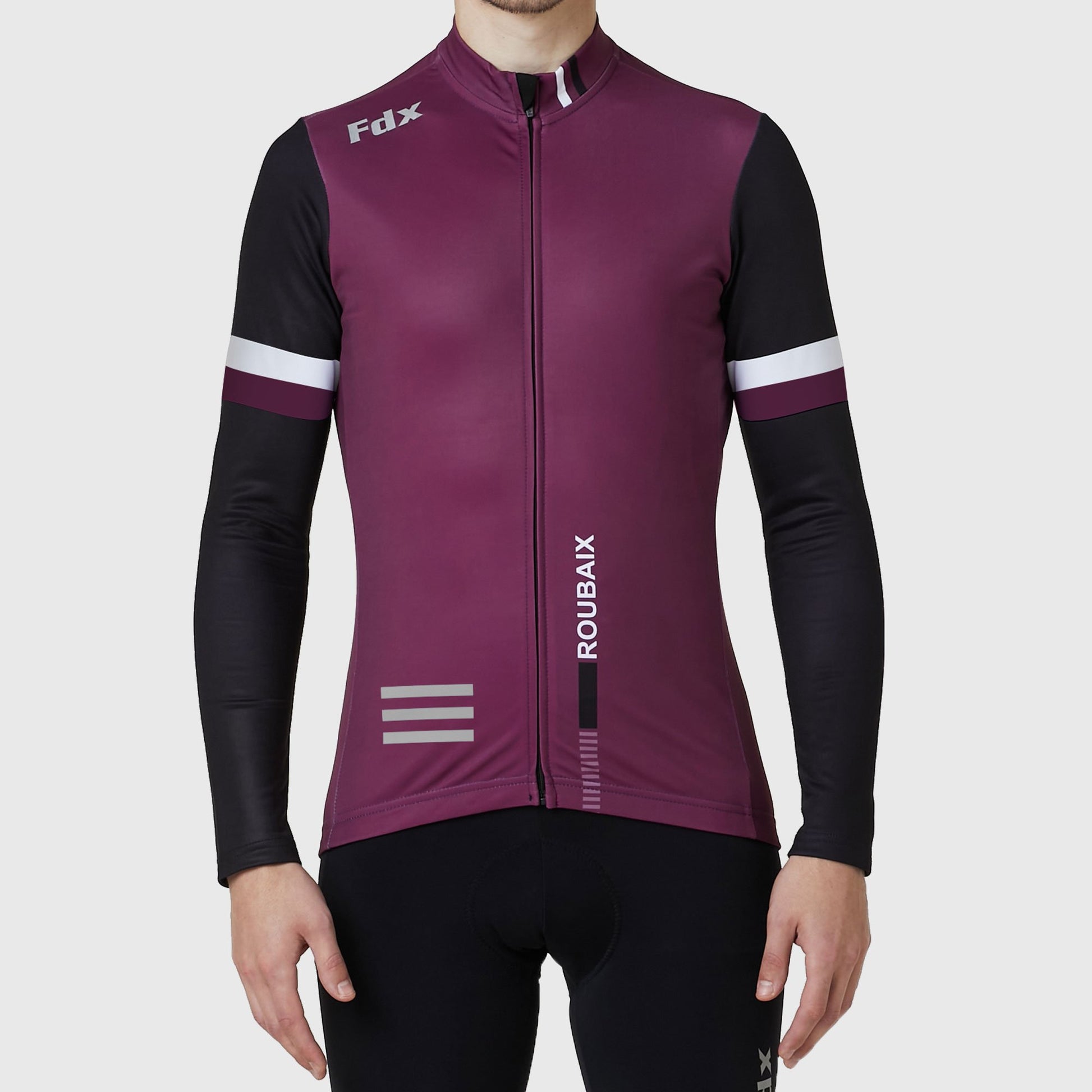 Fdx Men Purple & Black Long Sleeve Winter Cycling Jersey Windproof Full Lock Zip Hi-Viz Reflectors Back Pockets - Limited Edition US