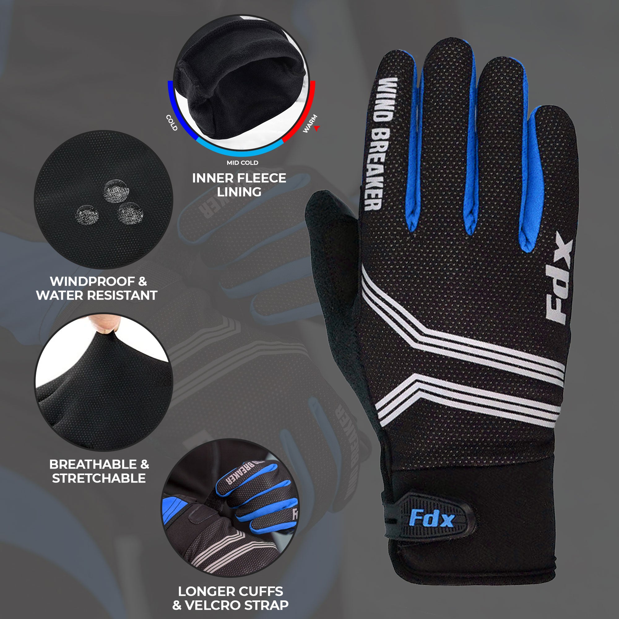 Fdx Dryrest Blue Full Finger Gel Padded Winter Cycling Gloves