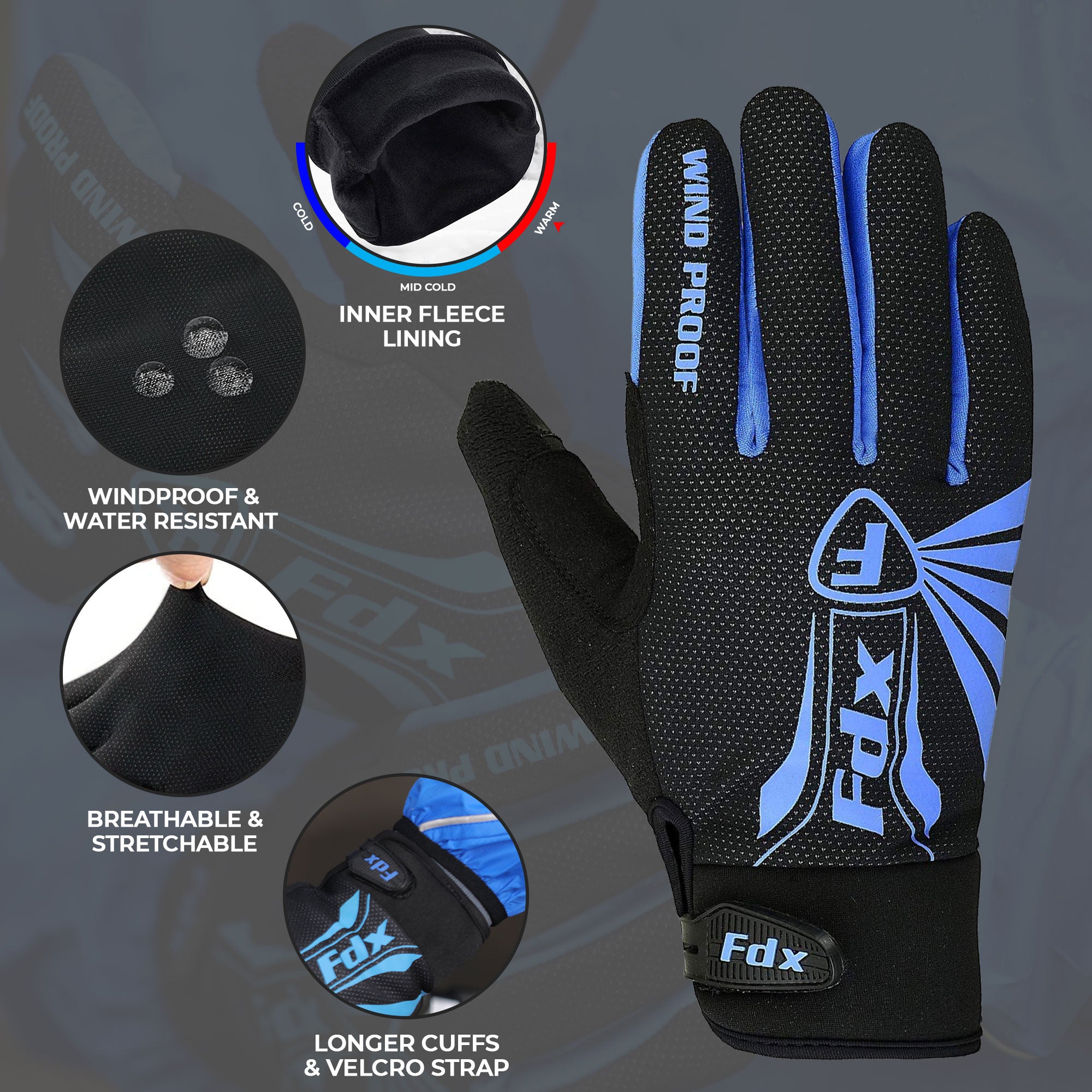 Fdx Zesto Blue Full Finger Winter Cycling Gloves