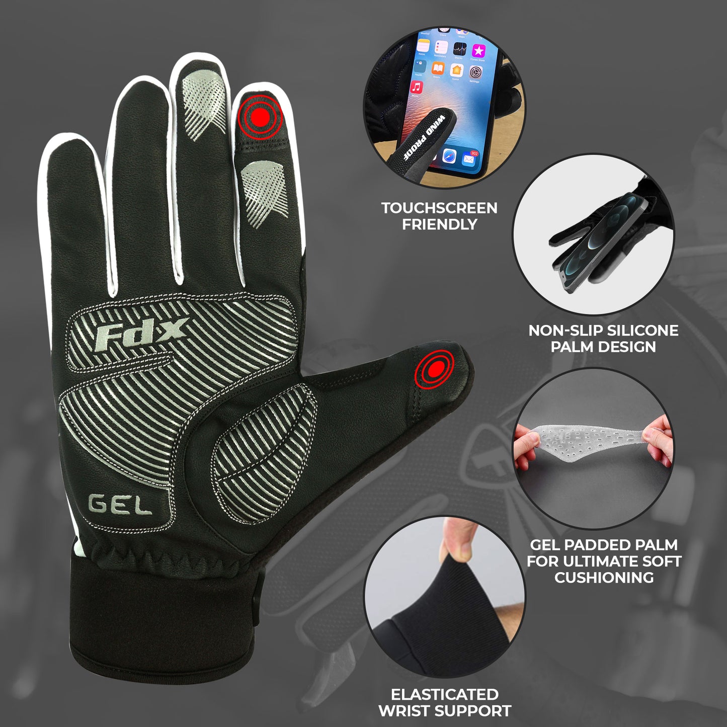 Fdx Zesto White Full Finger Winter Cycling Gloves