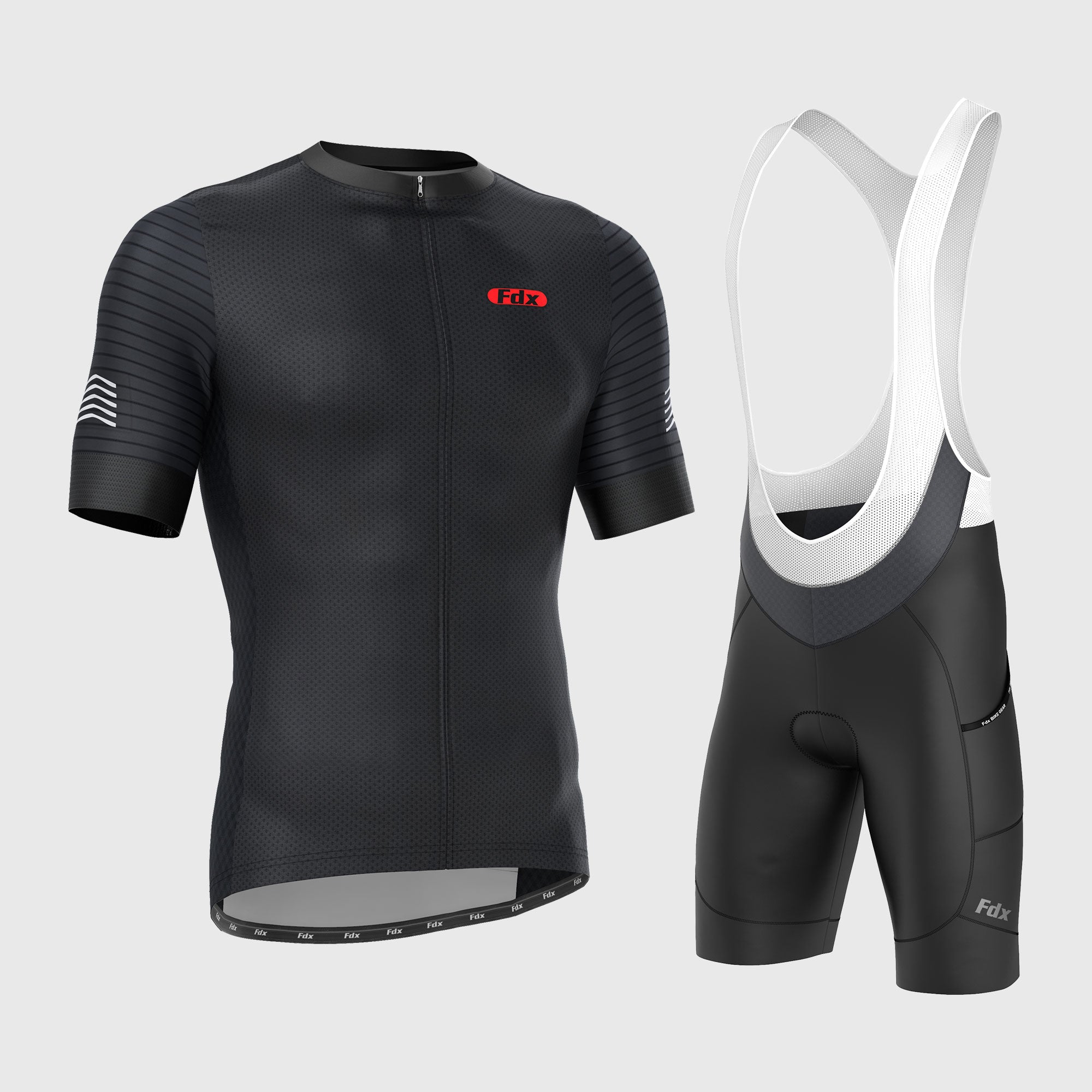 Fdx Men's Set Essential Black Short Sleeve Summer Cycling Jersey & Cargo Bib Shorts