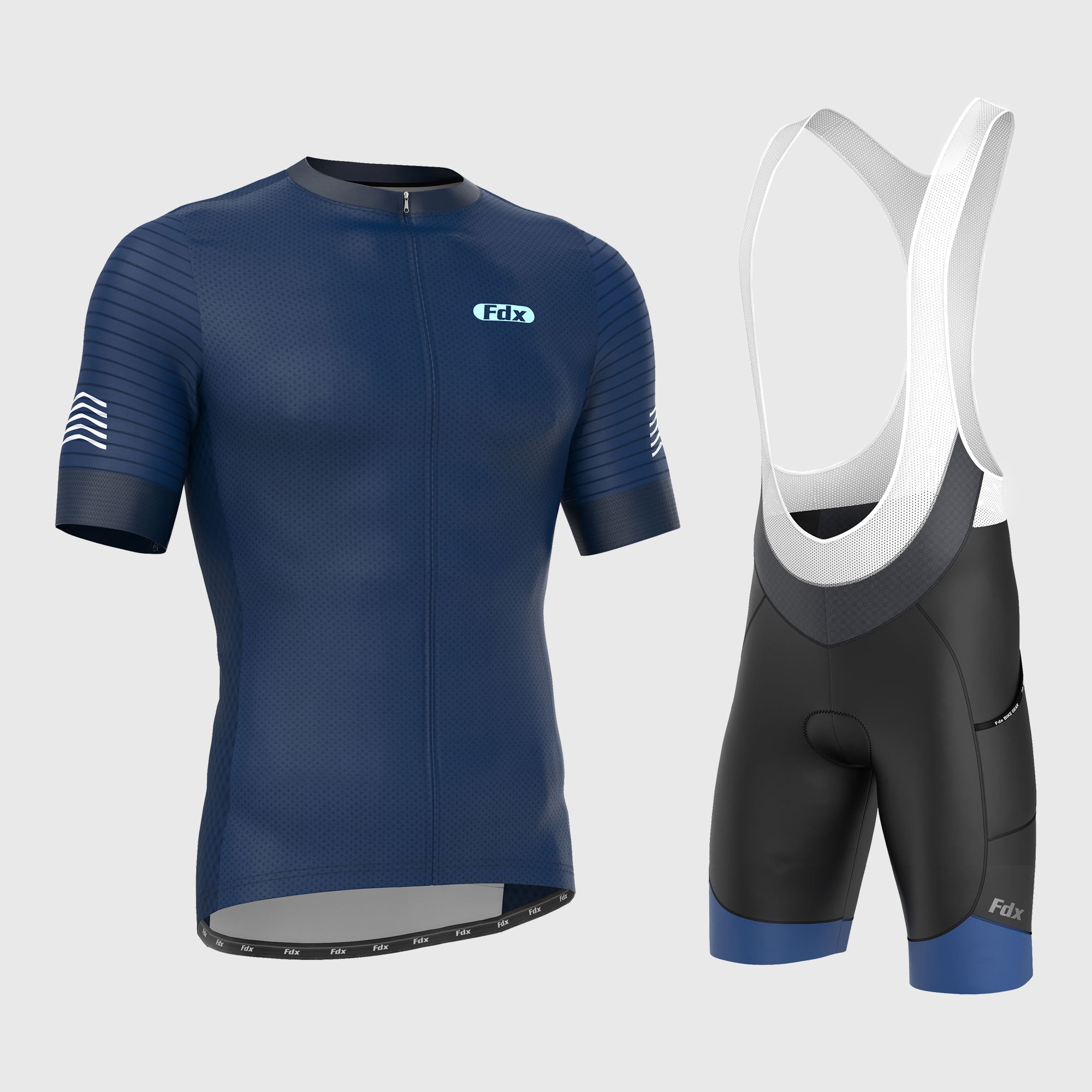 Fdx Men's Set Essential Blue Short Sleeve Summer Cycling Jersey & Cargo Bib Shorts