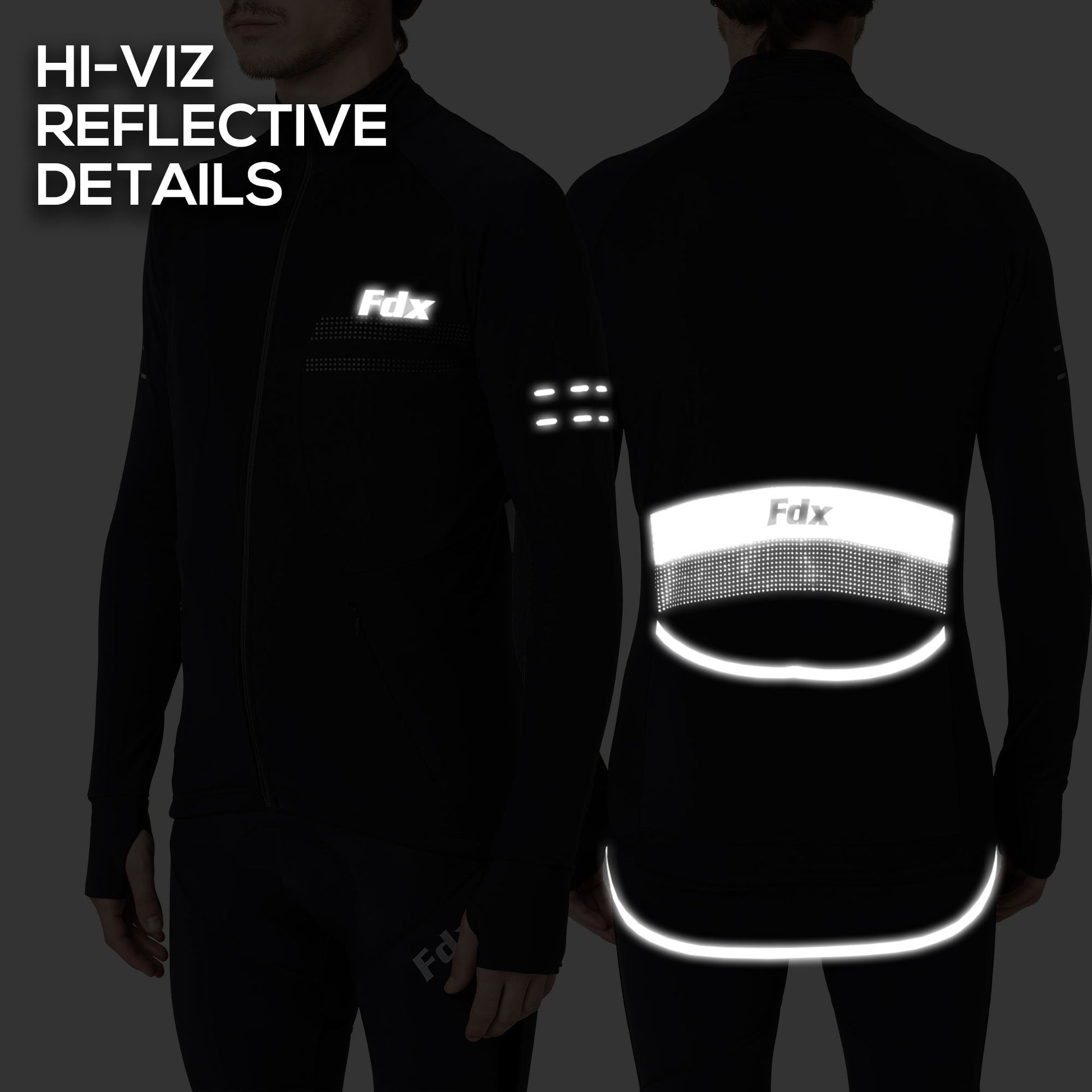 Fdx Men Black Long Sleeve Thermal Cycling Jersey Hi-viz Reflector Dots & Strips Front Back & Arm & back Pockets - Arch US