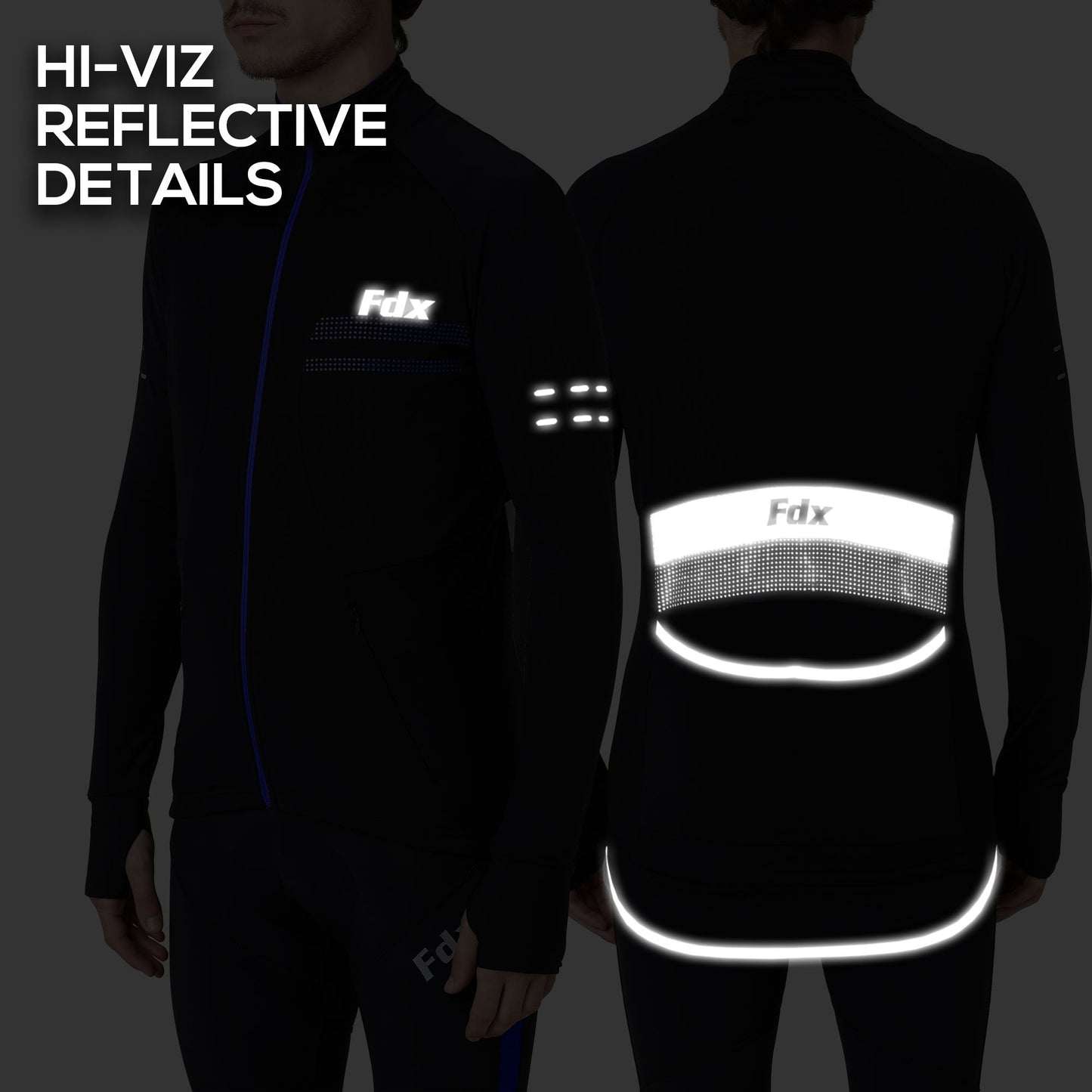 Fdx Men Blue Long Sleeve Thermal Cycling Jersey Hi-viz Reflector Dots & Strips Front Back & Arm & back Pockets - Arch US