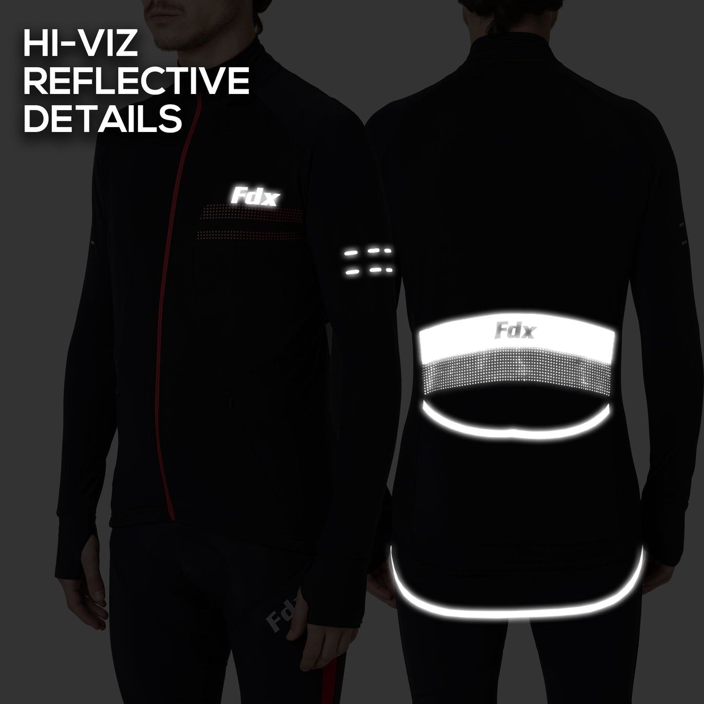 Fdx Men Red Long Sleeve Thermal Cycling Jersey Hi-viz Reflector Dots & Strips Front Back & Arm & back Pockets - Arch US