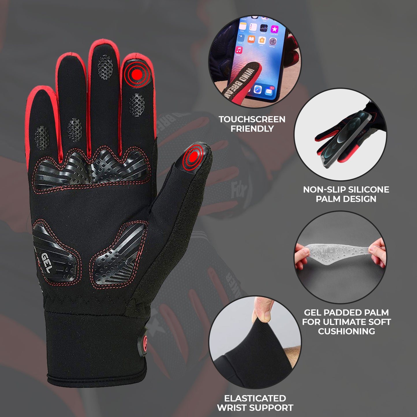 Fdx Dryrest Red Full Finger Gel Padded Winter Cycling Gloves