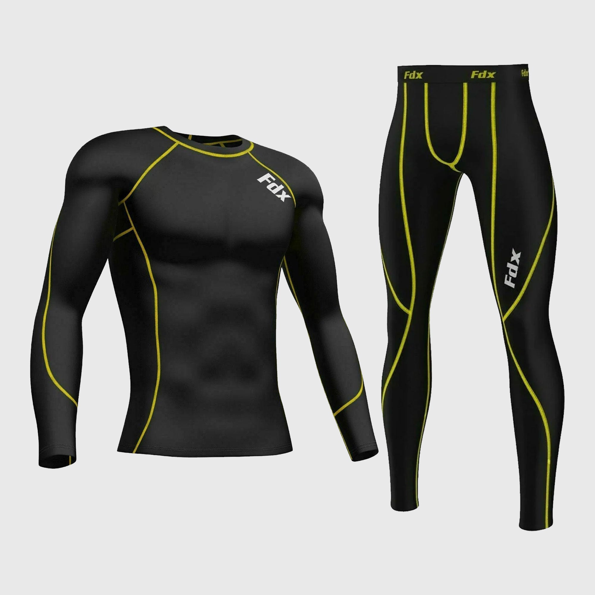 Fdx Men's Set Yellow Thermolinx Compression Base Layer Shirt & Leggings
