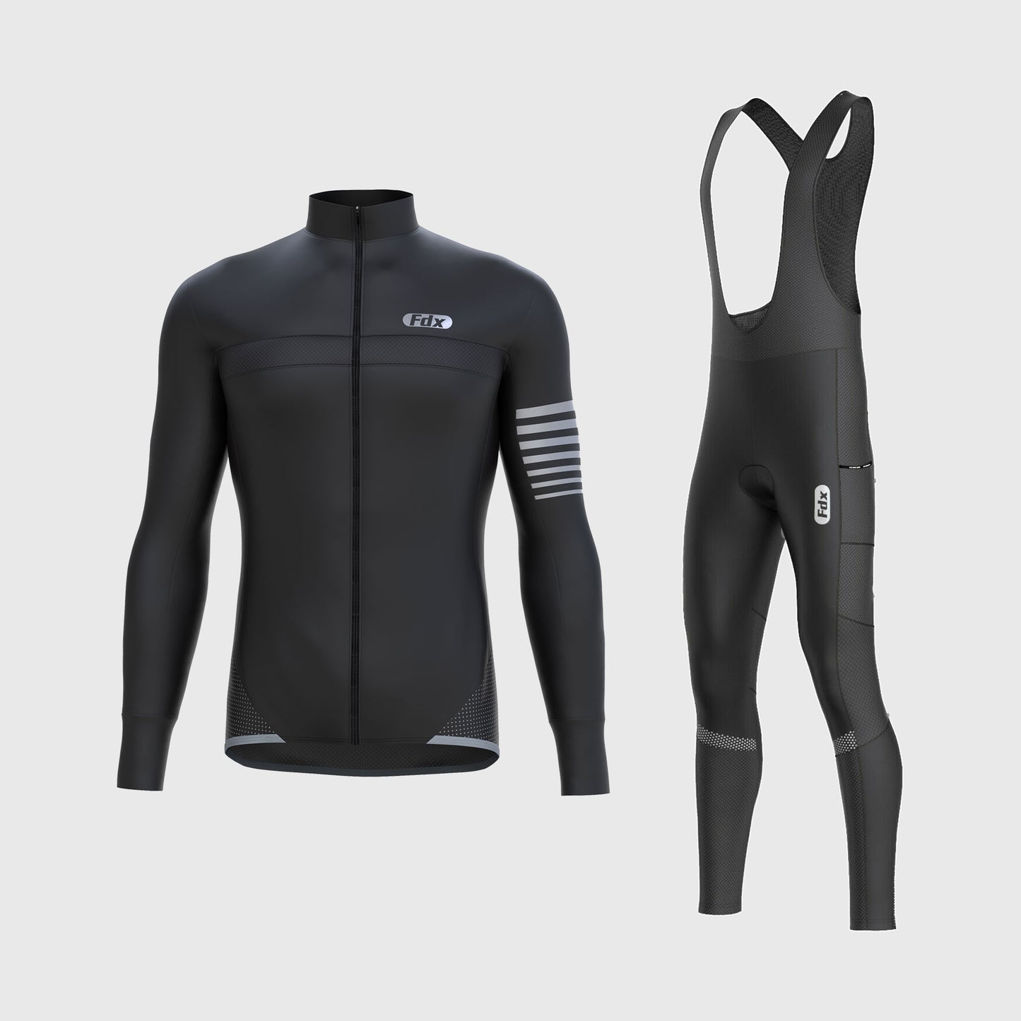 Fdx Men's Set All Day Thermal Roubaix Long Sleeve Cycling Jersey & Cargo Bib Tights - Black