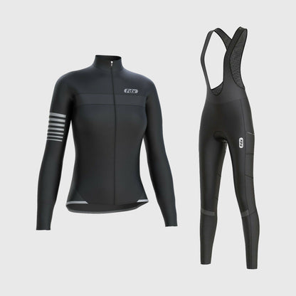 Fdx Women's Set All Day Thermal Roubaix Long Sleeve Cycling Jersey & Cargo Bib Tights - Black