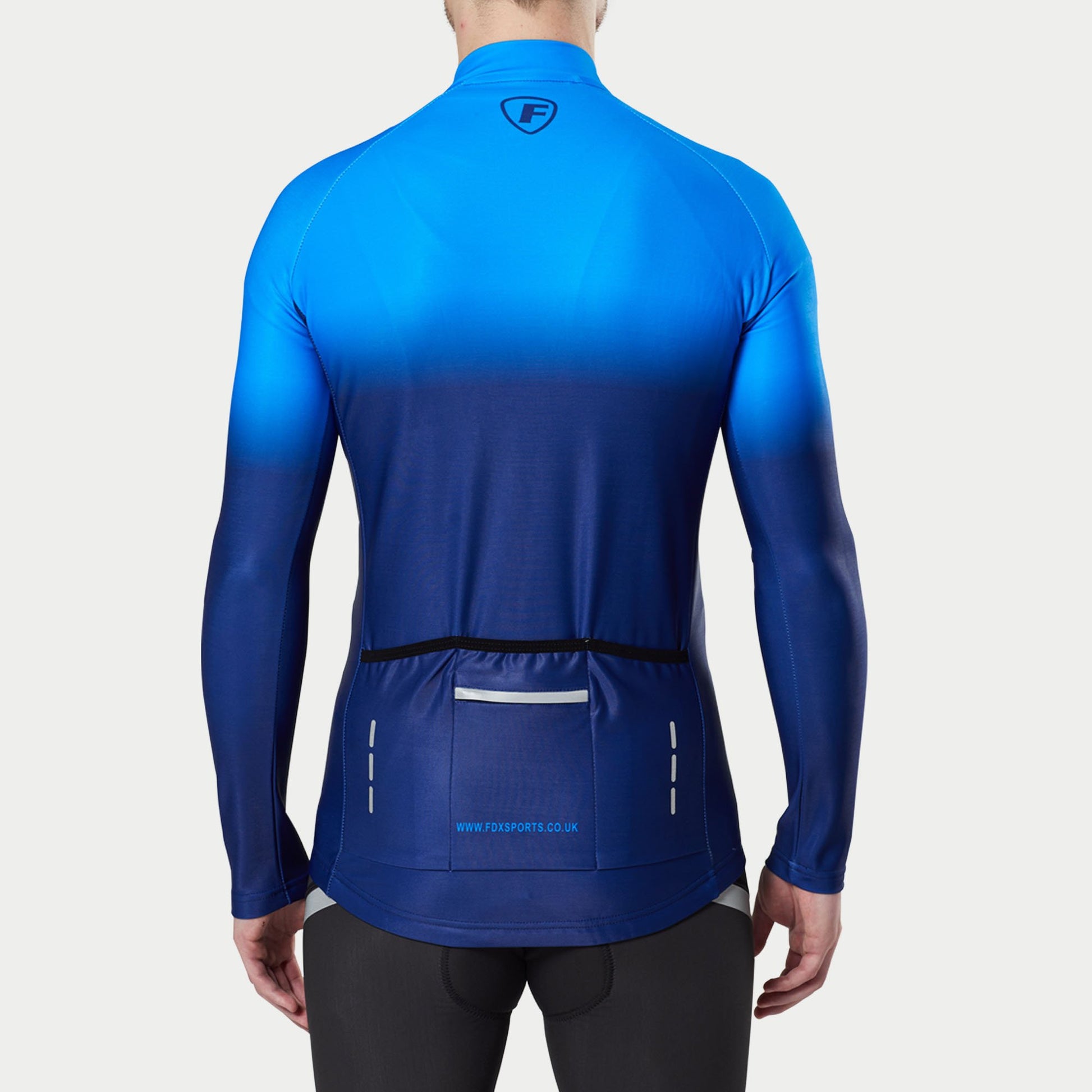 Fdx Winter Full Sleeve Blue Men Cycling Jersey Back Pockets Skin Tight Long Zipper Lightweight Reflecting Strips Water Resistance - Duo US