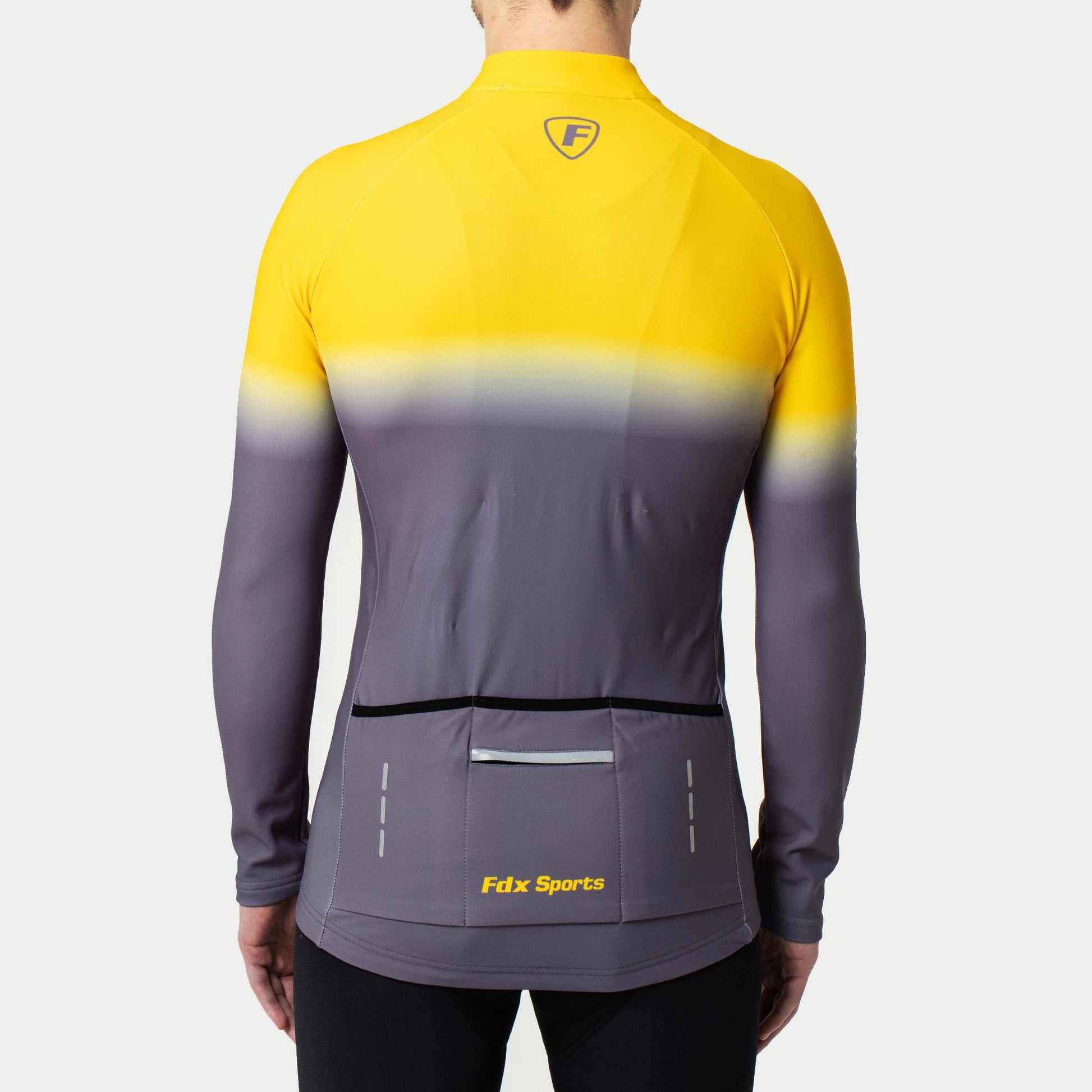 Fdx Winter Full Sleeve Men Cycling Jersey Yellow & Grey Back Pockets Skin Tight Long Zipper Lightweight Reflecting Strips Water Resistance - Duo US