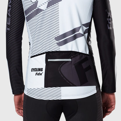 Fdx Thermal White Long Sleeve Men Cycling Jersey Highly Breathable Quick Dry Back Bonded Pockets Fully Reflected Strips Hi-Viz Reflector - Core US