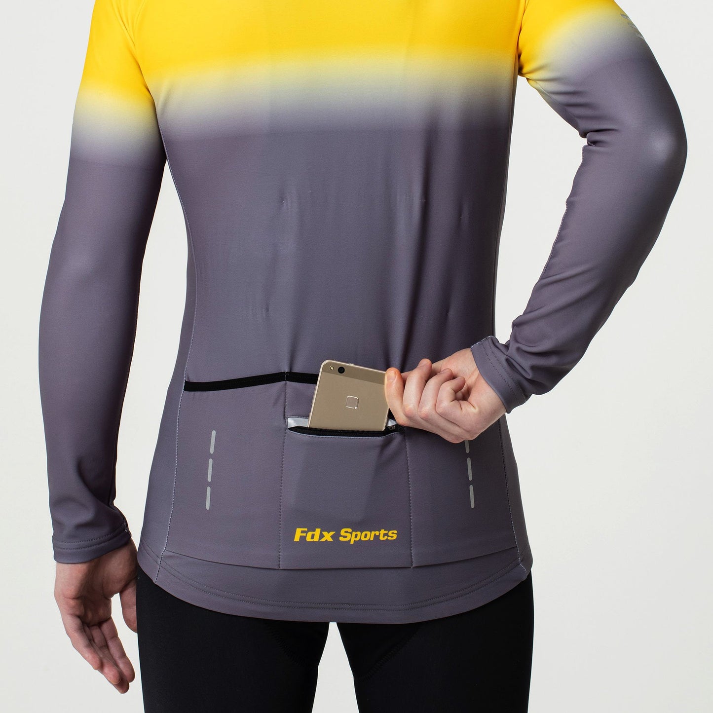 Fdx Winter Full Sleeve Men Cycling Jersey Yellow & Grey Back Pockets Skin Tight Long Zipper Lightweight Reflecting Strips Water Resistance - Duo US