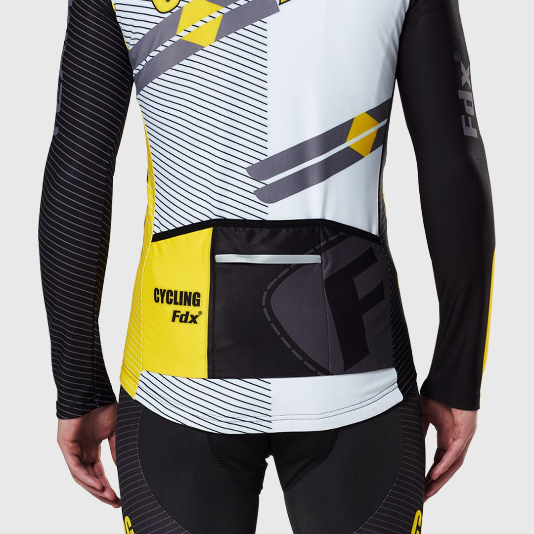 Fdx Thermal Yellow Long Sleeve Men Cycling Jersey Highly Breathable Quick Dry Back Bonded Pockets Fully Reflected Strips Hi-Viz Reflector - Core US