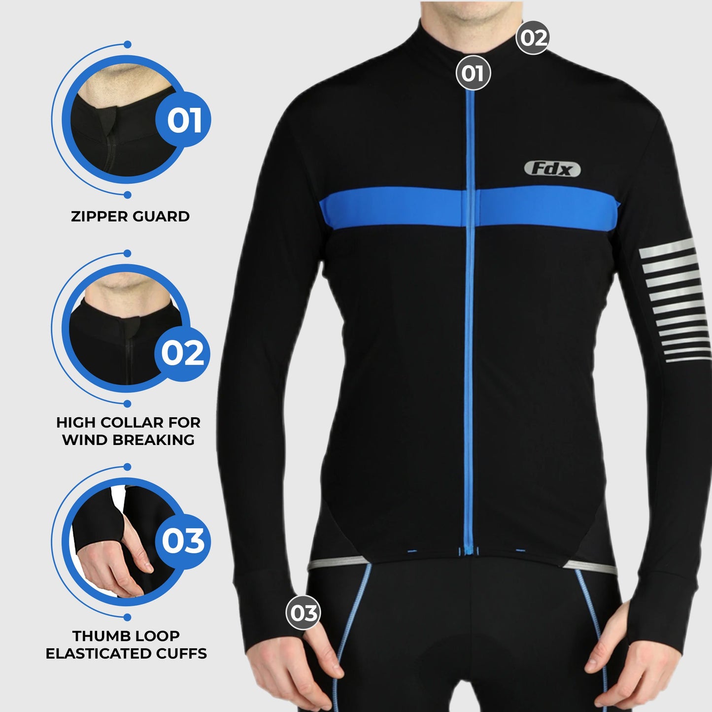 Fdx Thermal Long Sleeve Black Winter Men Cycling Jersey Zipper Guard Thumb Loop Wind Breaking Collar Lightweight Hi-viz Reflecting Strips Arms & front Pockets - All Day US