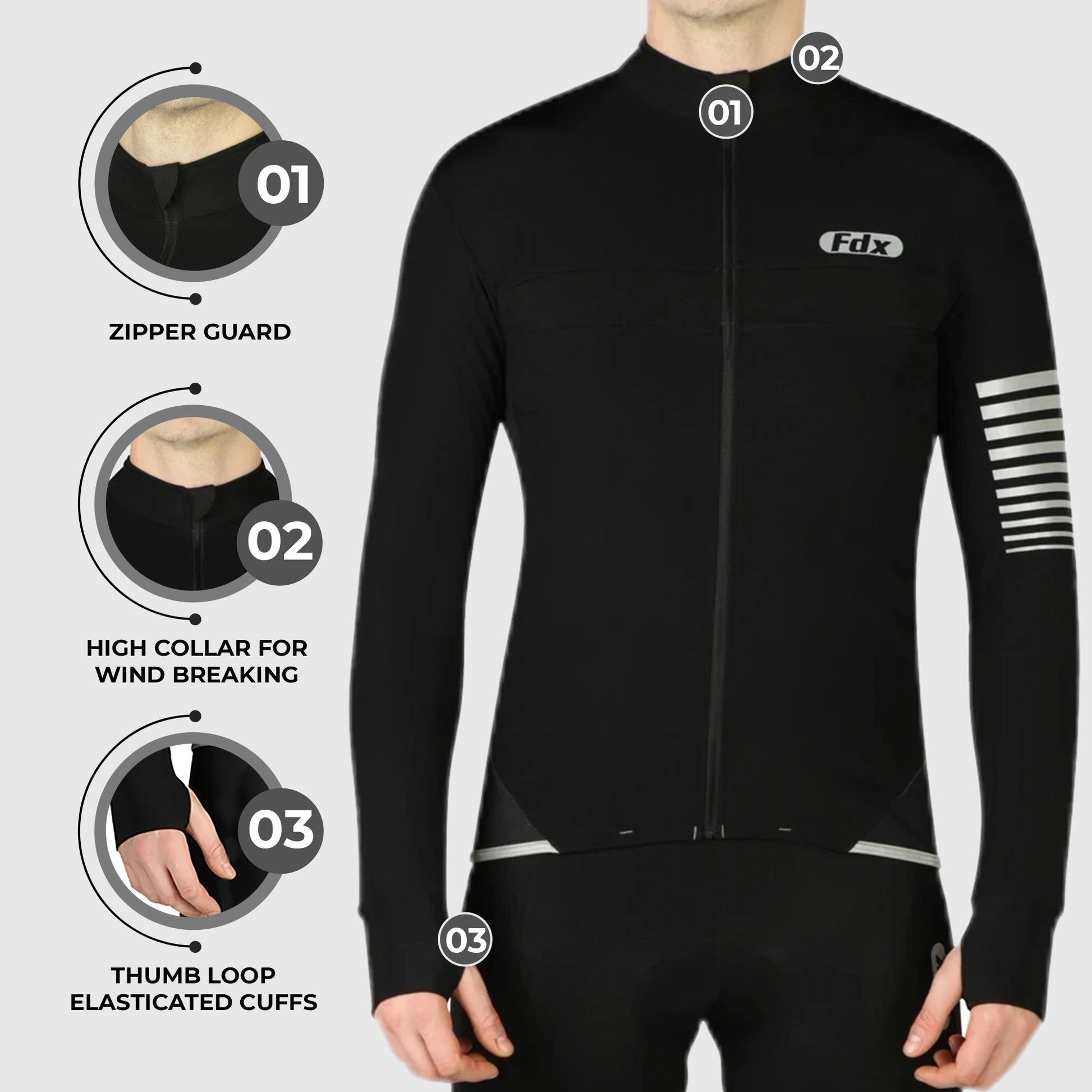 Fdx Thermal Long Sleeve Black Winter Men Cycling Jersey Zipper Guard Thumb Loop Wind Breaking Collar Lightweight Hi-viz Reflecting Strips Arms & front Pockets - All Day US