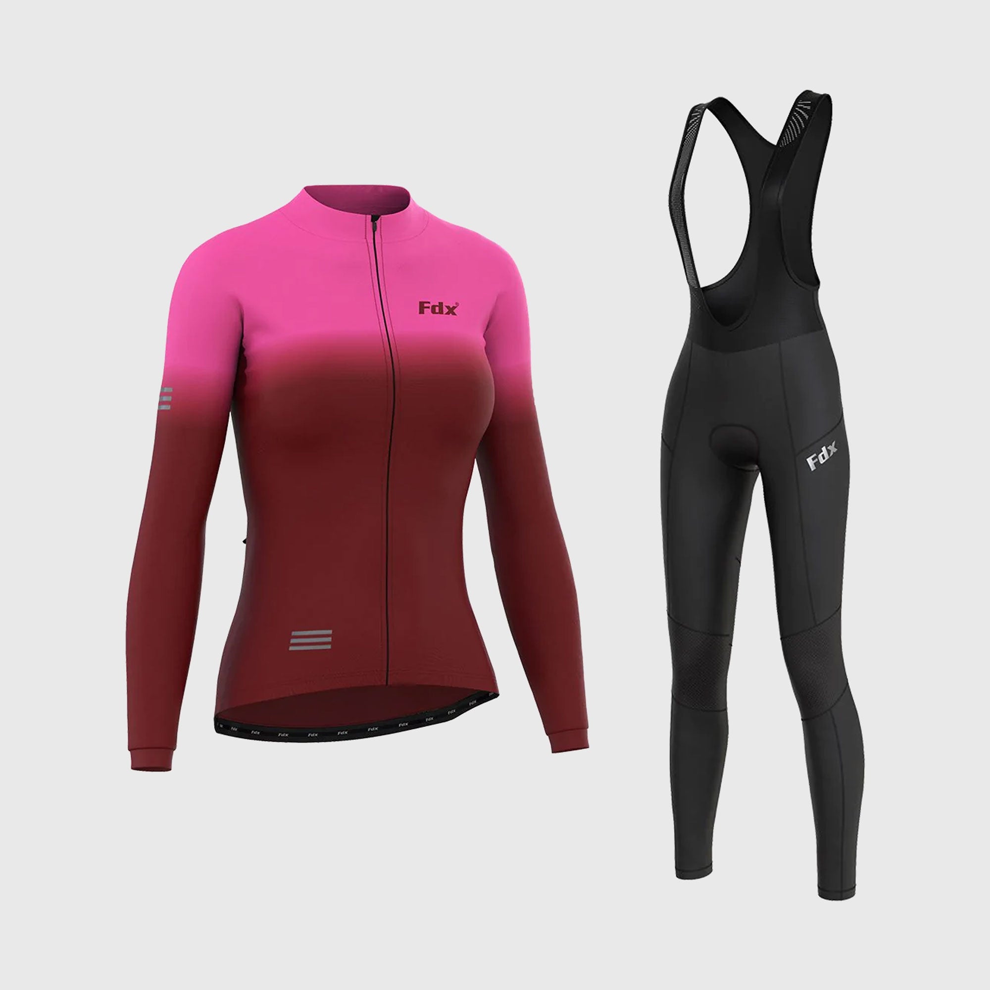 Fdx Women's Set Duo Thermal Long Sleeve Cycling Jersey & Bib Tights - Pink / Maroon