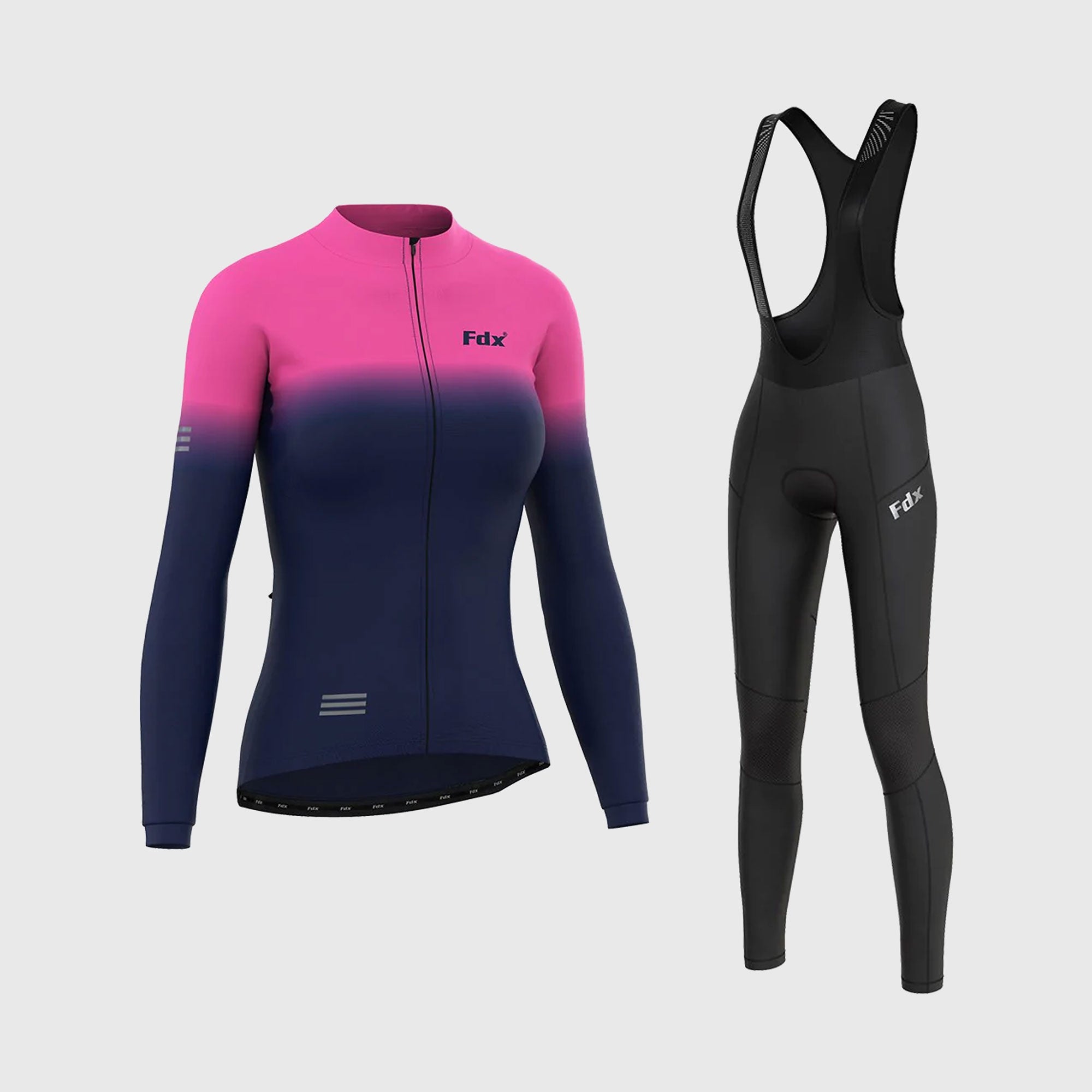 Fdx Women's Set Duo Thermal Long Sleeve Cycling Jersey & Bib Tights - Pink / Blue