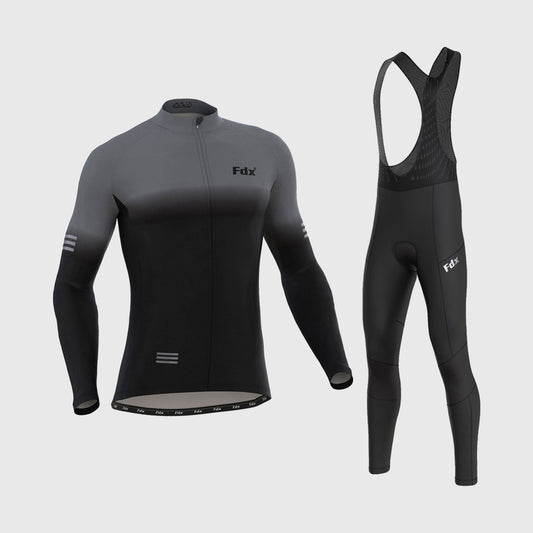 Fdx Men's Set Duo Thermal Roubaix Long Sleeve Cycling Jersey & Bib Tights - Grey / Black