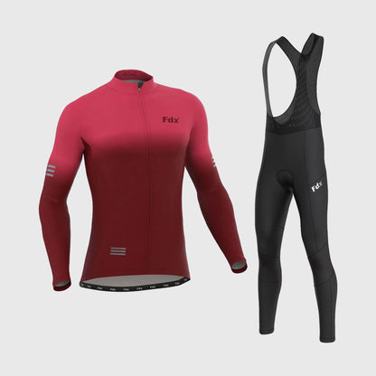 Fdx Men's Set Duo Thermal Roubaix Long Sleeve Cycling Jersey & Bib Tights - Pink / Maroon